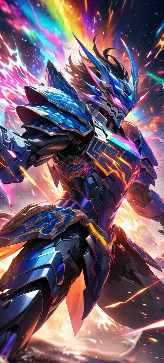 absurdres, highres, ultra detailed, HDR, masterpiece, extremely detailed face and eyes, colorful shinning Galaxy God Mecha armor dragon knight, Epic Mecha dragon mask,,colorful Black hair , , solo, ,man, handsome, , , Epic fight scene, colorful splashing effect,colorful lightning effect,glowing glitters , galaxy background
