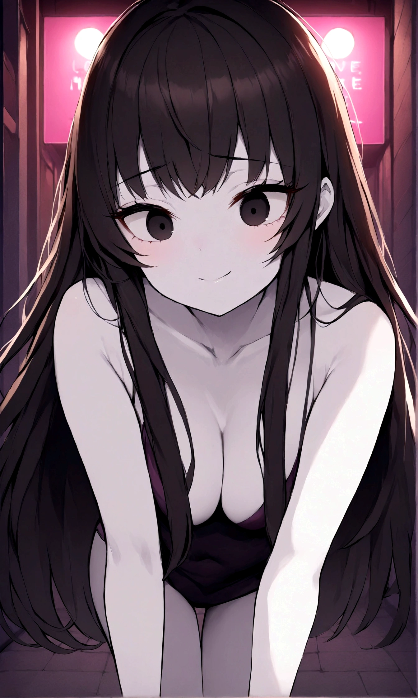 detailed, (masterpiece:1.2), (pale_skin:1.2), (alone:1.2), (woman), thin, (Shine_eye), Long Hair, bangs, Black Hair, Outdoor, No sleeve, black eye, Love Hotel、eyeの間の毛、Naughty look、mocking expression、eyeが光る