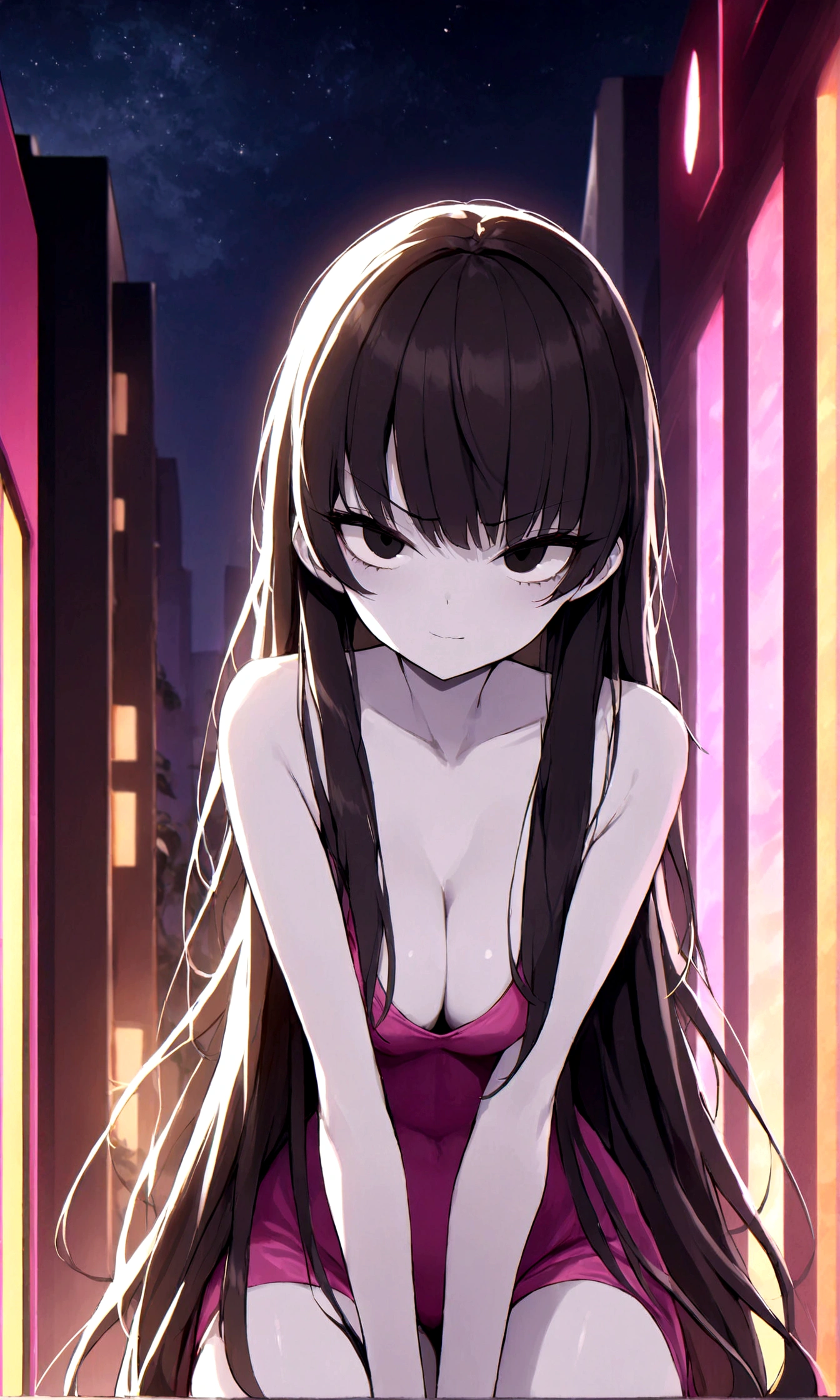 detailed, (masterpiece:1.2), (pale_skin:1.2), (alone:1.2), (woman), thin, (Shine_eye), Long Hair, bangs, Black Hair, Outdoor, No sleeve, black eye, Love Hotel、eyeの間の毛、Naughty look、mocking expression、eyeが光る