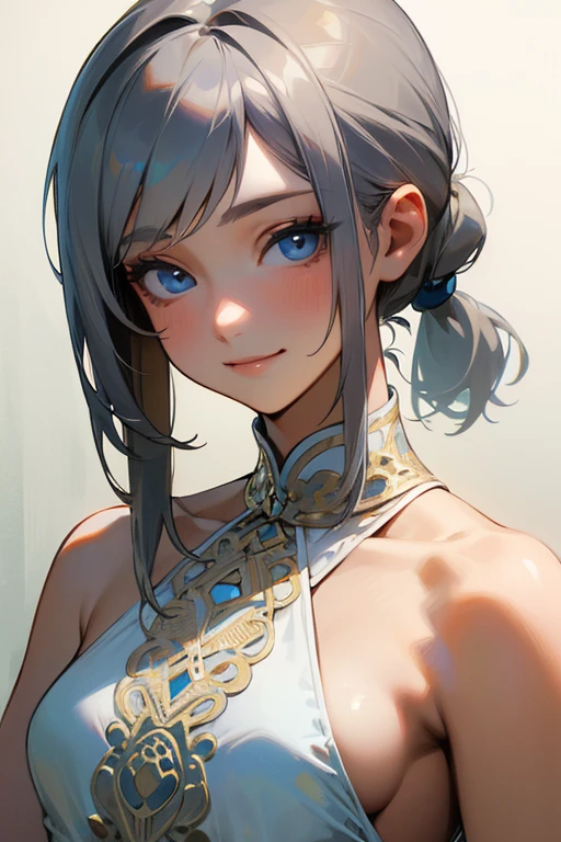 (masterpiece: 1.2, highest quality), (Actual Photos, Intricate details), 1. woman, alone, Upper Body, casual, Shoulder-length hair, Minimal makeup, Natural materials, Face close-up, smile, Home, Gray Hair, blue eyes, Shoulder Bare、ponytail、Swimwear、