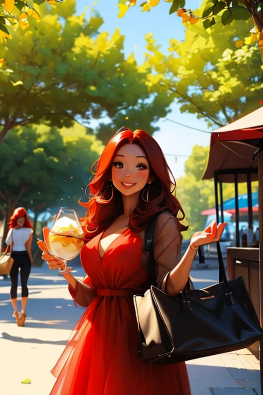 A pretty red haired woman with red eyes and an hourglass figure in a pretty summer dress is eating lunch with a a stunning black haired woman with brown eyes with an hourglass figure in a park with a big smile