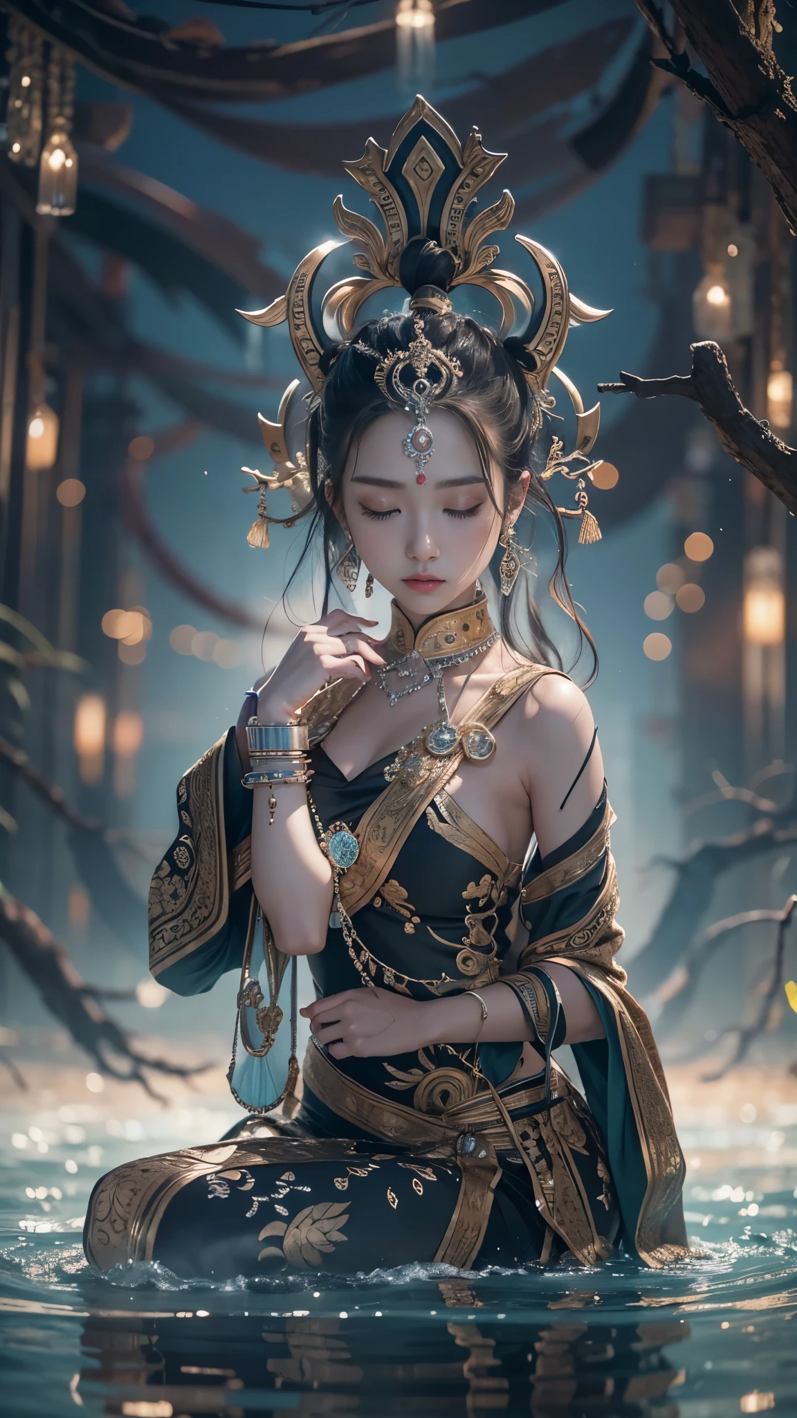 (RAW shooting, 32k:1.5, highest quality, masterpiece, Ultra-high resolution), (Night outdoors, Dramatic moonlight:0.9, Mysterious World:1.2, Expressions of sadness:1.0), Side Shot, Fractal Art:1.3, Perfect dynamic composition:1.3, Very detailedな肌と顔の質感:1.3, Dynamic flow of water waves:1.3, Dynamic air flow:1.3, The subject is observed from a distance, elegant and sophisticated:0.5, Fair skin, Incredibly slim body:0.9, Very beautiful face, Water droplets on the skin, (Yoga Wear:1.3, Zazen pose 1.3, Meditation pose:1.3), Very accurate, Very detailed, Big eyes that exude beauty, Beautiful lips, Unreal atmosphere, Earrings, bracelet