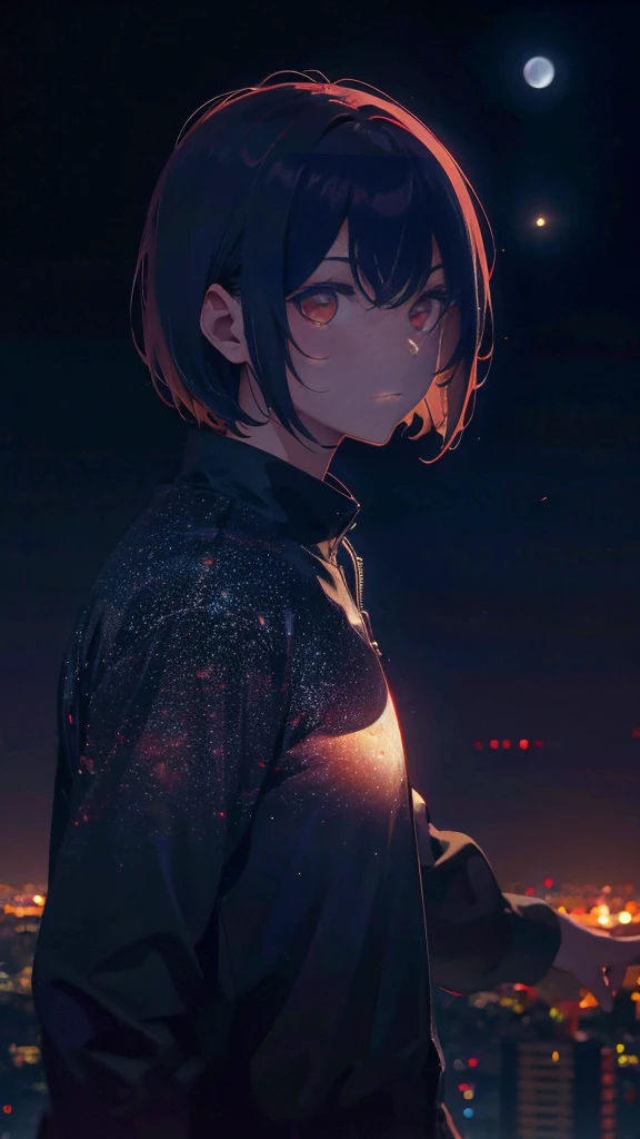 A short bob-haired, red-eyed,Night city background,moon,milky way