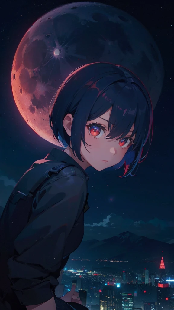 A short bob-haired, red-eyed,Night city background,moon,milky way