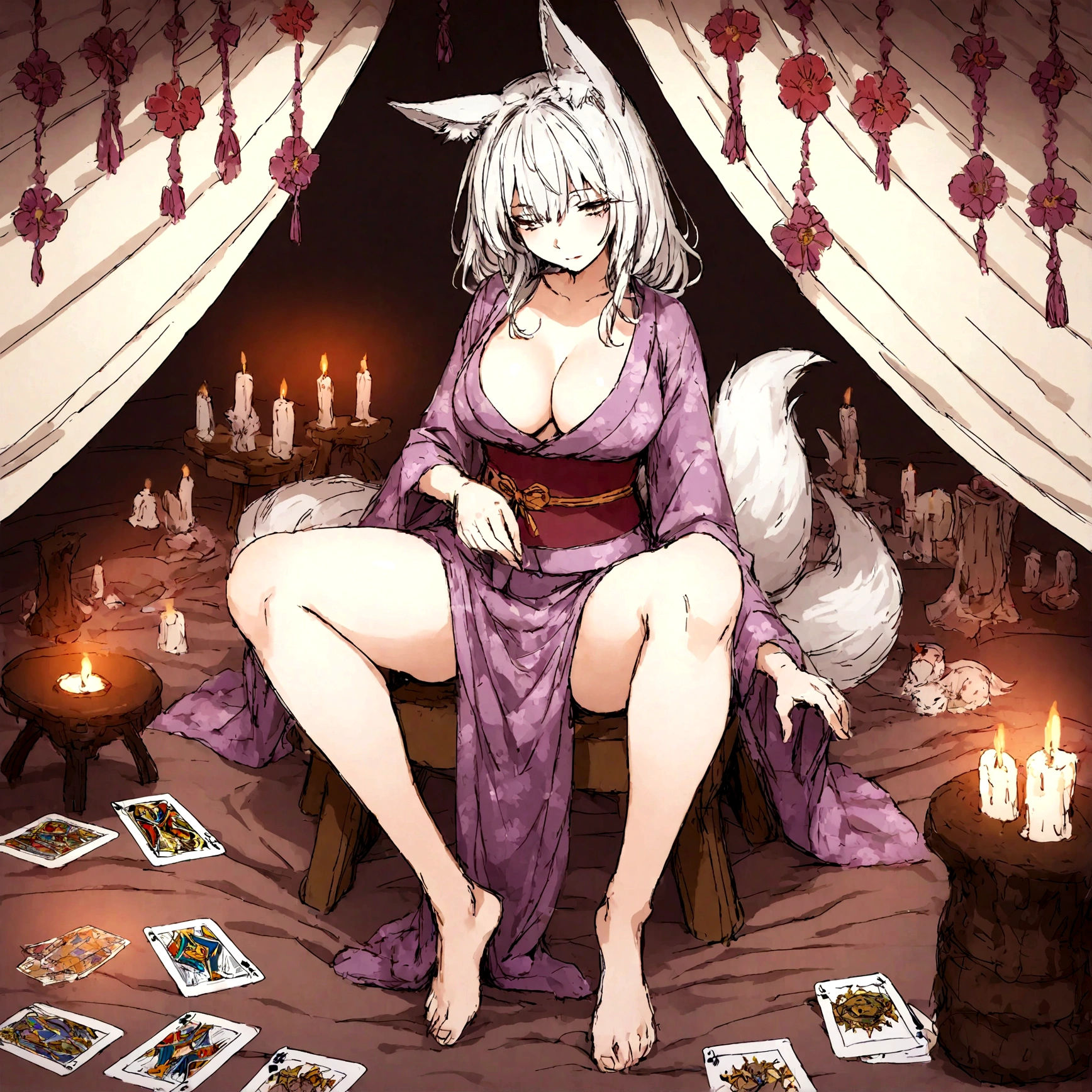 a sexy milf, has very long white hair, breasts, showing cleavage, has fox ears, wearing sakura kimono, in a gypsy tent, reading a crystal ball and surrounded by tarot cards, surrounded by candles, mystical, showing legs, sitting on cloth laden stool, has a table in front of her, has a fox tail, purple ornate hanging drapery