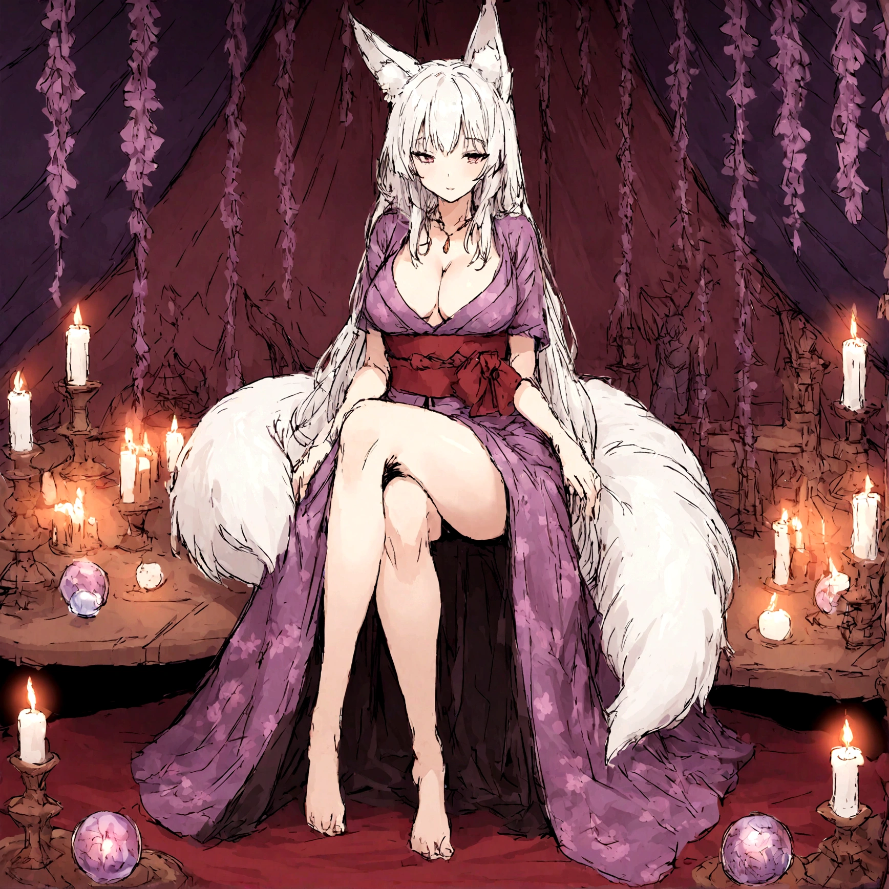 a sexy milf, has very long white hair, breasts, showing cleavage, has fox ears, wearing sakura kimono, in a gypsy tent, reading a crystal ball and surrounded by tarot cards, surrounded by candles, mystical, showing legs, sitting on cloth laden stool, has a table in front of her, has a fox tail, purple ornate hanging drapery