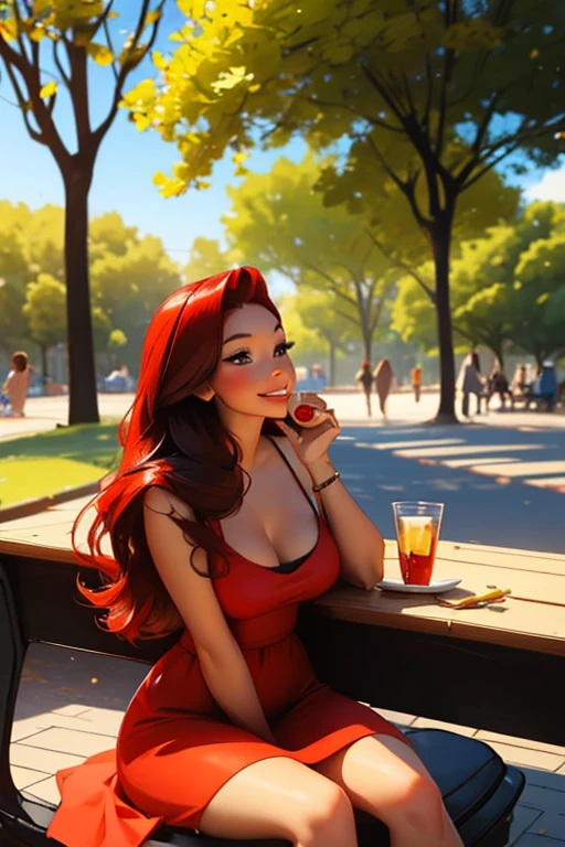 A pretty red haired woman with red eyes and an hourglass figure in a pretty summer dress is eating lunch with a a stunning black haired woman with brown eyes with an hourglass figure in a park with a big smile
