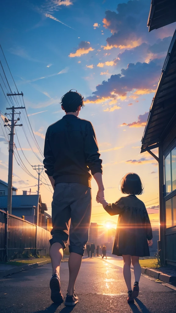 A man with black hair walking hand in hand with a small girl with short bob hair,Parent and ,View from behind,A shining sunset,sunset