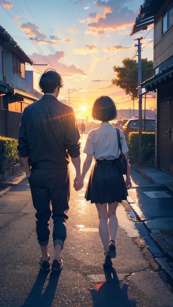 A man with black hair walking hand in hand with a small girl with short bob hair,Parent and ,View from behind,A shining sunset,sunset