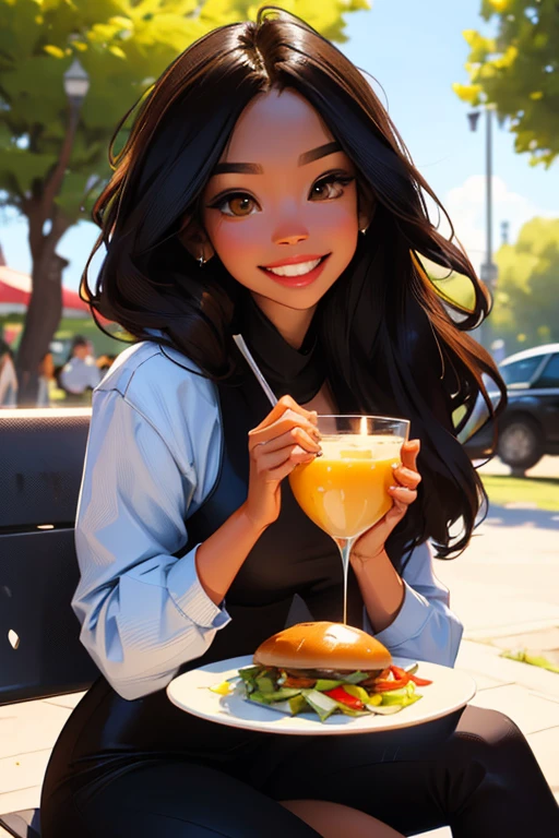  a stunning black haired woman with brown eyes with an hourglass figure is eating lunch in a park with a big smile
