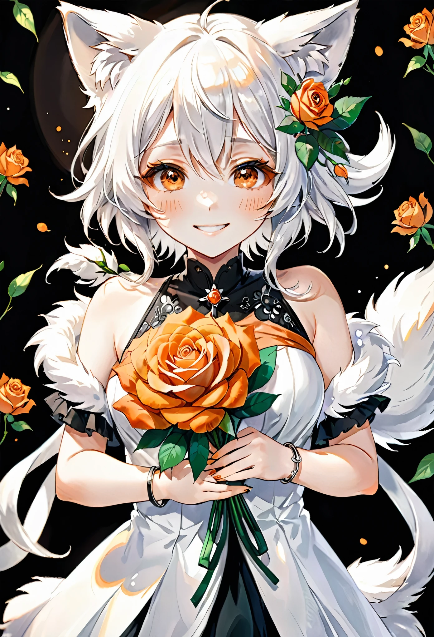 monochrome, watercolor, highres, top quality, best quality, paid reward available, High-quality illustrations, unparalleled masterpiece, perfect artwork, absurdres, 1girl, kemono, furry, detailed body fur, animal face, animal hand, Archaic Smile, holding a cluster of orange Rose in both hands, which are positioned at chest level, She is wearing a simple ring on the ring finger of her left hand, unfocused spread of orange rose, fan-created work shared on platforms Pixiv or Twitter,