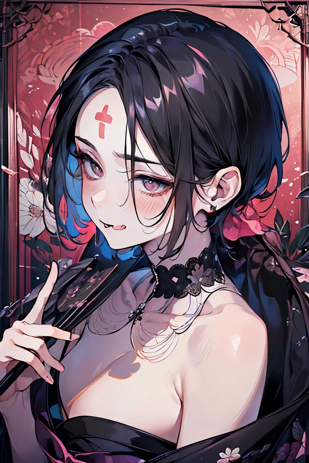 ((male:1.5)),(forehead mark),(black hair:1.2),((:1.2)),(Nihilistic smile:1.5),((A room with a sexy atmosphere:1.25)),(nsfw:1.0),((high quality:1.1)),((perfect finger:1.2)),((beautiful image:1.1)),(blush,Falling into Pleasure:1.3),((holding a Japanese-patterned umbrella:1.1)),((Tongue out:1.3))