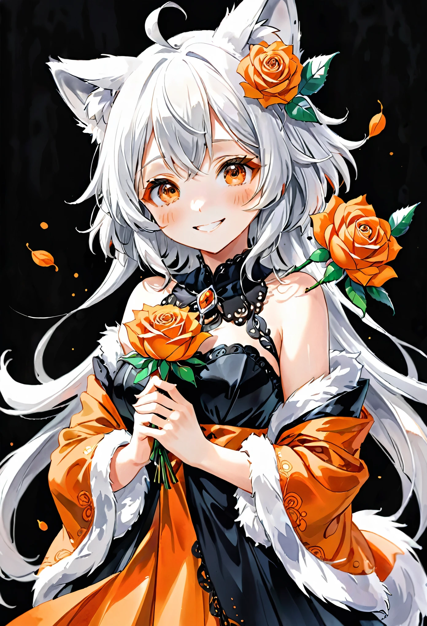 monochrome, watercolor, highres, top quality, best quality, paid reward available, High-quality illustrations, unparalleled masterpiece, perfect artwork, absurdres, 1girl, kemono, furry, detailed body fur, animal face, animal hand, Archaic Smile, holding a cluster of orange Rose in both hands, which are positioned at chest level, She is wearing a simple ring on the ring finger of her left hand, unfocused spread of orange rose, fan-created work shared on platforms Pixiv or Twitter,