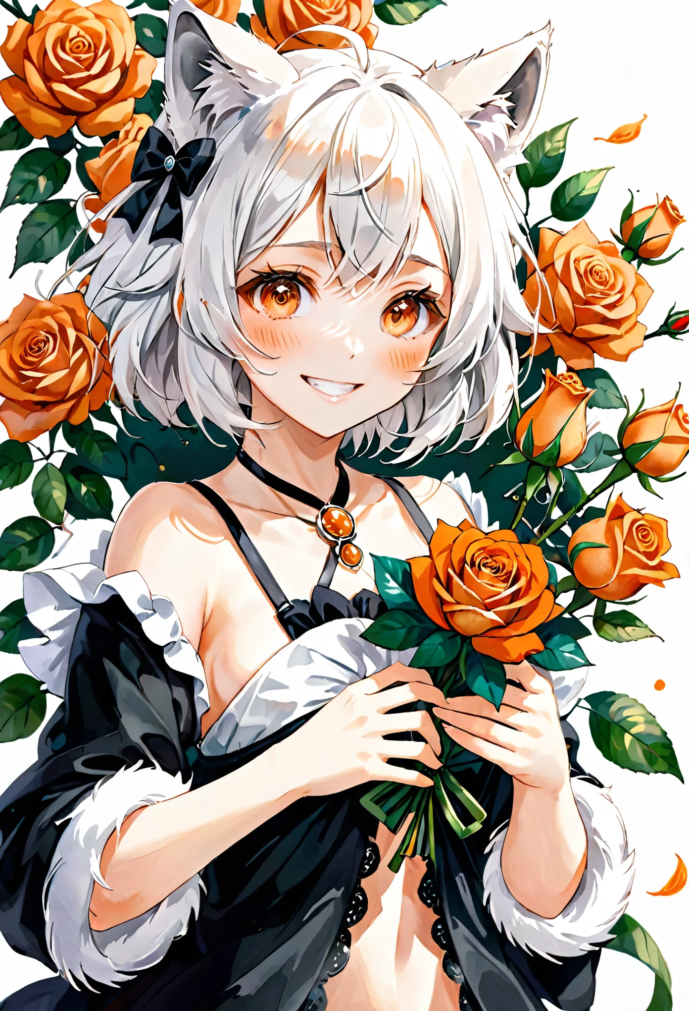 monochrome, watercolor, highres, top quality, best quality, paid reward available, High-quality illustrations, unparalleled masterpiece, perfect artwork, absurdres, 1girl, kemono, furry, detailed body fur, animal face, animal hand, Archaic Smile, holding a cluster of orange Rose in both hands, which are positioned at chest level, She is wearing a simple ring on the ring finger of her left hand, unfocused spread of orange rose, fan-created work shared on platforms Pixiv or Twitter,