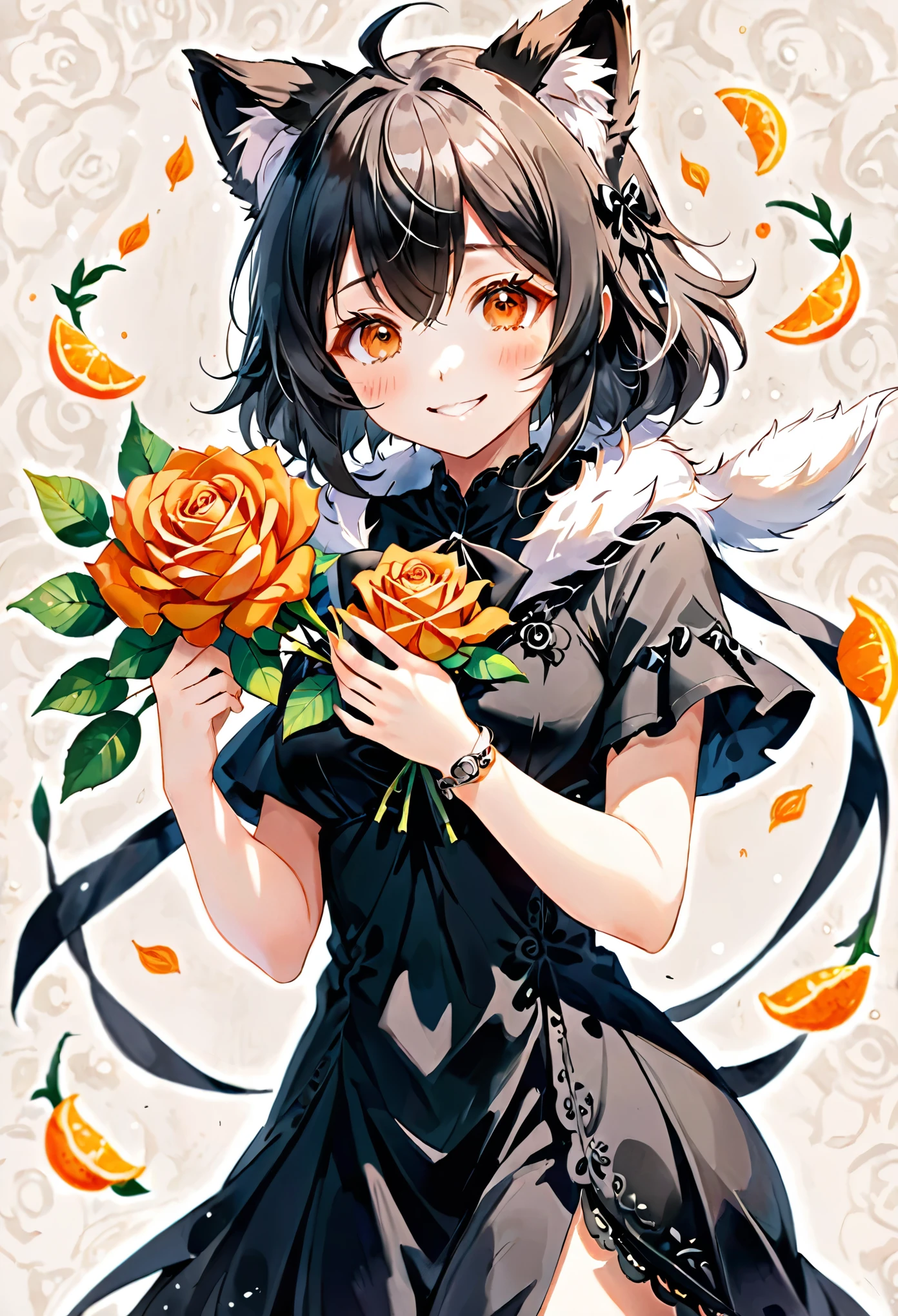 monochrome, watercolor, highres, top quality, best quality, paid reward available, High-quality illustrations, unparalleled masterpiece, perfect artwork, absurdres, 1girl, kemono, furry, detailed body fur, animal face, animal hand, Archaic Smile, holding a cluster of orange Rose in both hands, which are positioned at chest level, She is wearing a simple ring on the ring finger of her left hand, unfocused spread of orange rose, fan-created work shared on platforms Pixiv or Twitter,