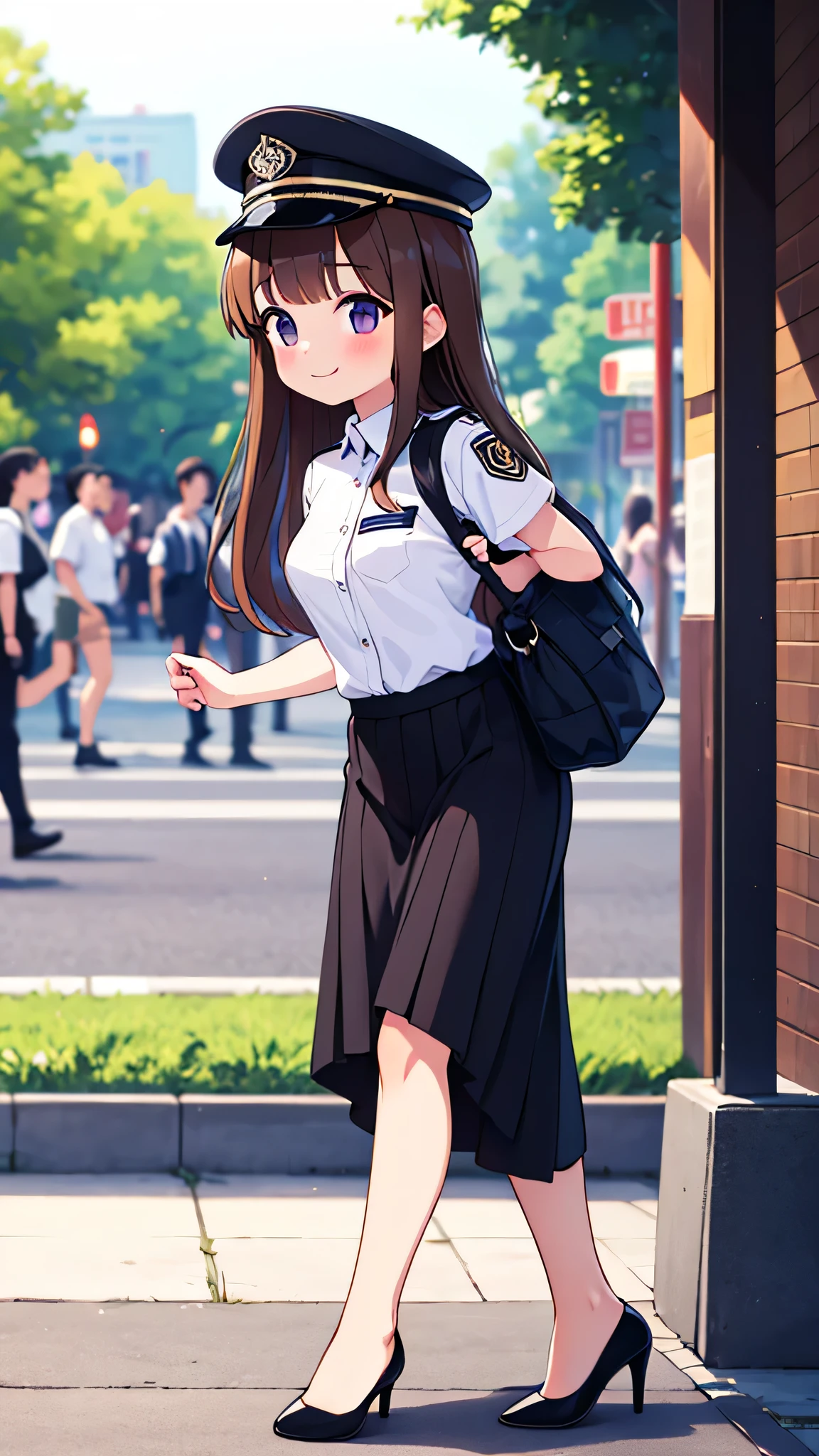 {highest quality], [Super beautiful], [Ultra fine], [Best illustration], NSFW,Brown Hair, Hime cut, Long Hair, With bangs, girl, Uniform cap,Security uniform, smile, blush, Slender women,Short sleeve,Long straight skirt, Adult women,walk,(Public）Night Park, diagonal,Bare feet and pumps, Plain black pumps
