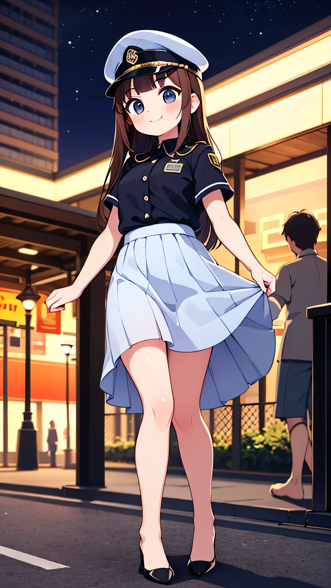 {highest quality], [Super beautiful], [Ultra fine], [Best illustration], NSFW,Brown Hair, Hime cut, Long Hair, With bangs, girl, Uniform cap,Security uniform, smile, blush, Slender women,Short sleeve,Long straight skirt, Adult women,walk,(Public）Night Park, diagonal,Bare feet and pumps, Plain black pumps
