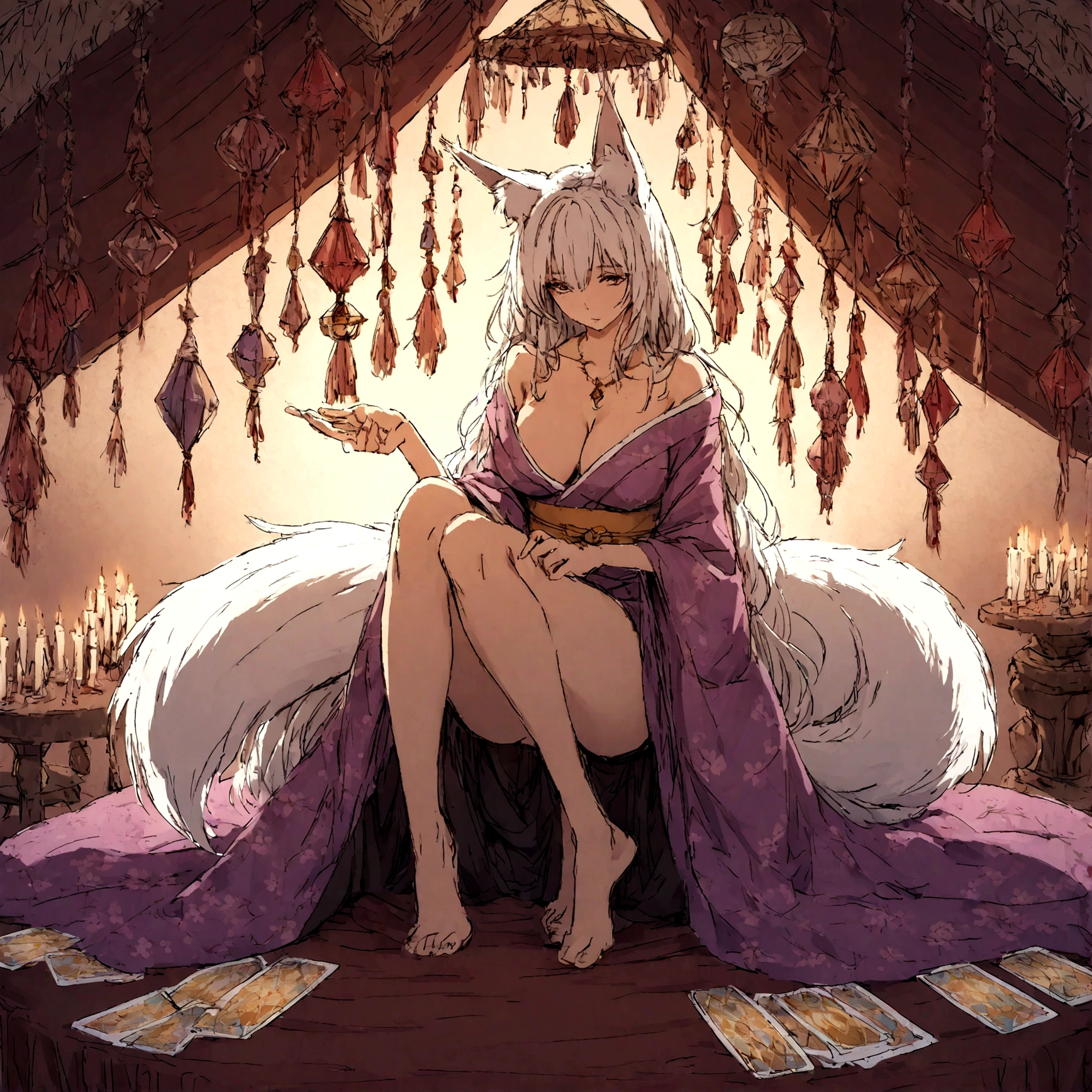 a sexy milf, has very long white hair, breasts, showing cleavage, has fox ears, wearing sakura kimono, in a gypsy tent, reading a crystal ball and surrounded by tarot cards, surrounded by candles, mystical, showing legs, sitting on cloth laden stool, has a table in front of her, has a fox tail, purple ornate hanging drapery