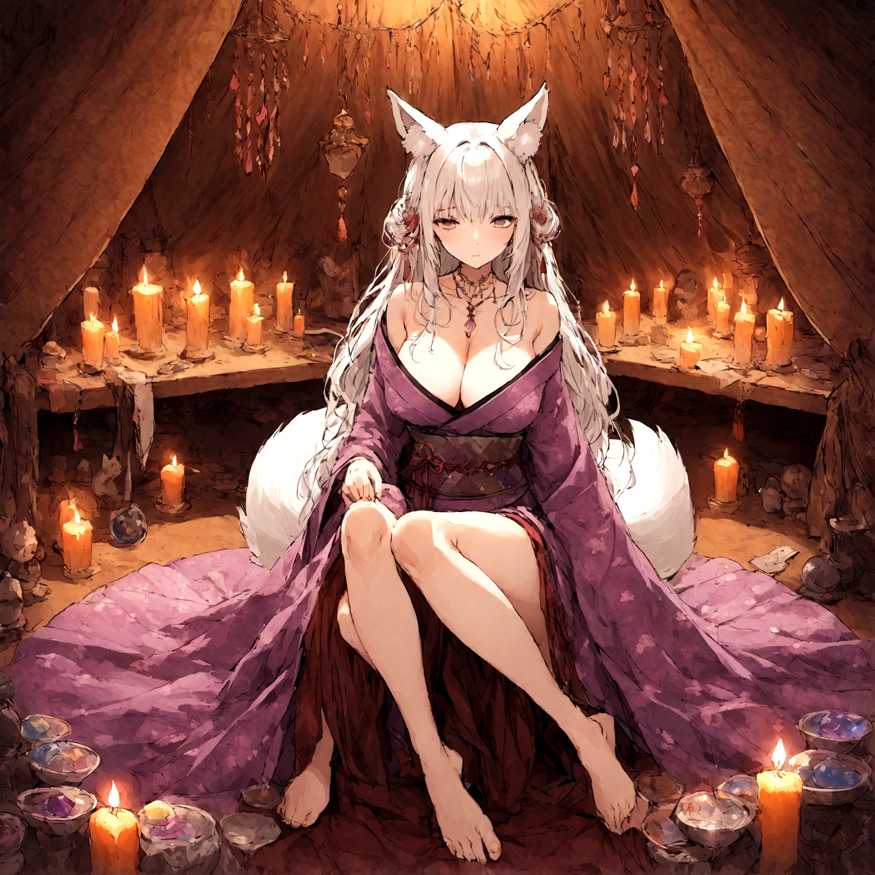 a y milas very long white hair, breastsng cleavage, has , wearing sakura kimono, in a gypsy tent, reading a crystal ball and surrounded by tarot cards, surrounded by candles, mystical, showing legs, sitting on cloth laden stool, has a table in front of her, has a fox tail, purple ornate hanging drapery