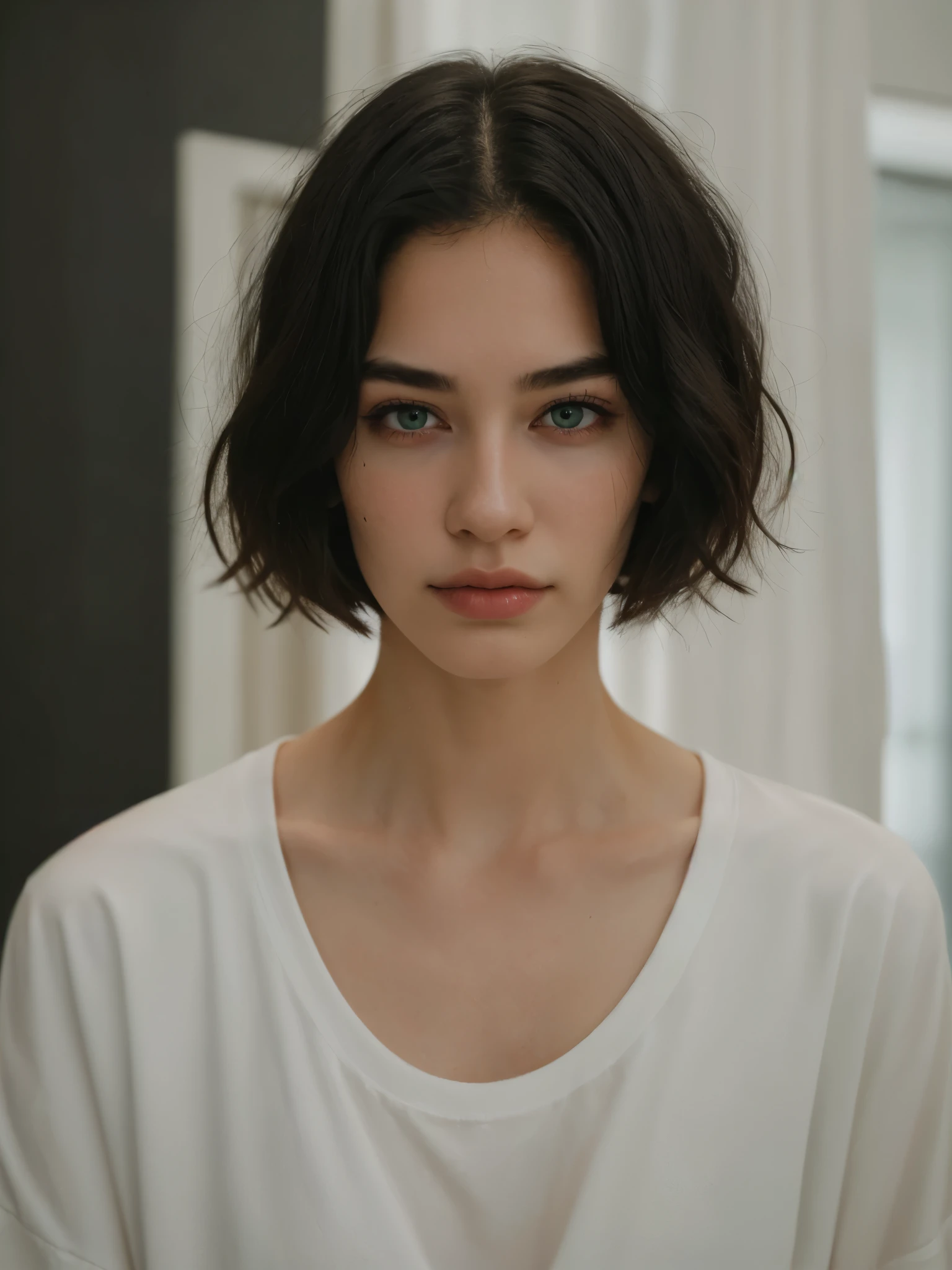 Best quality, masterpiece, ultra high res, (photorealistic:1.5), raw photo, 1 mature girl, baby blue blazer with white t-shirt, in the dark, deep shadow, low key, cold light, sexy look, black bob hair with bangs (((black hair))), green eyes, sharp eyes, eyeshadow