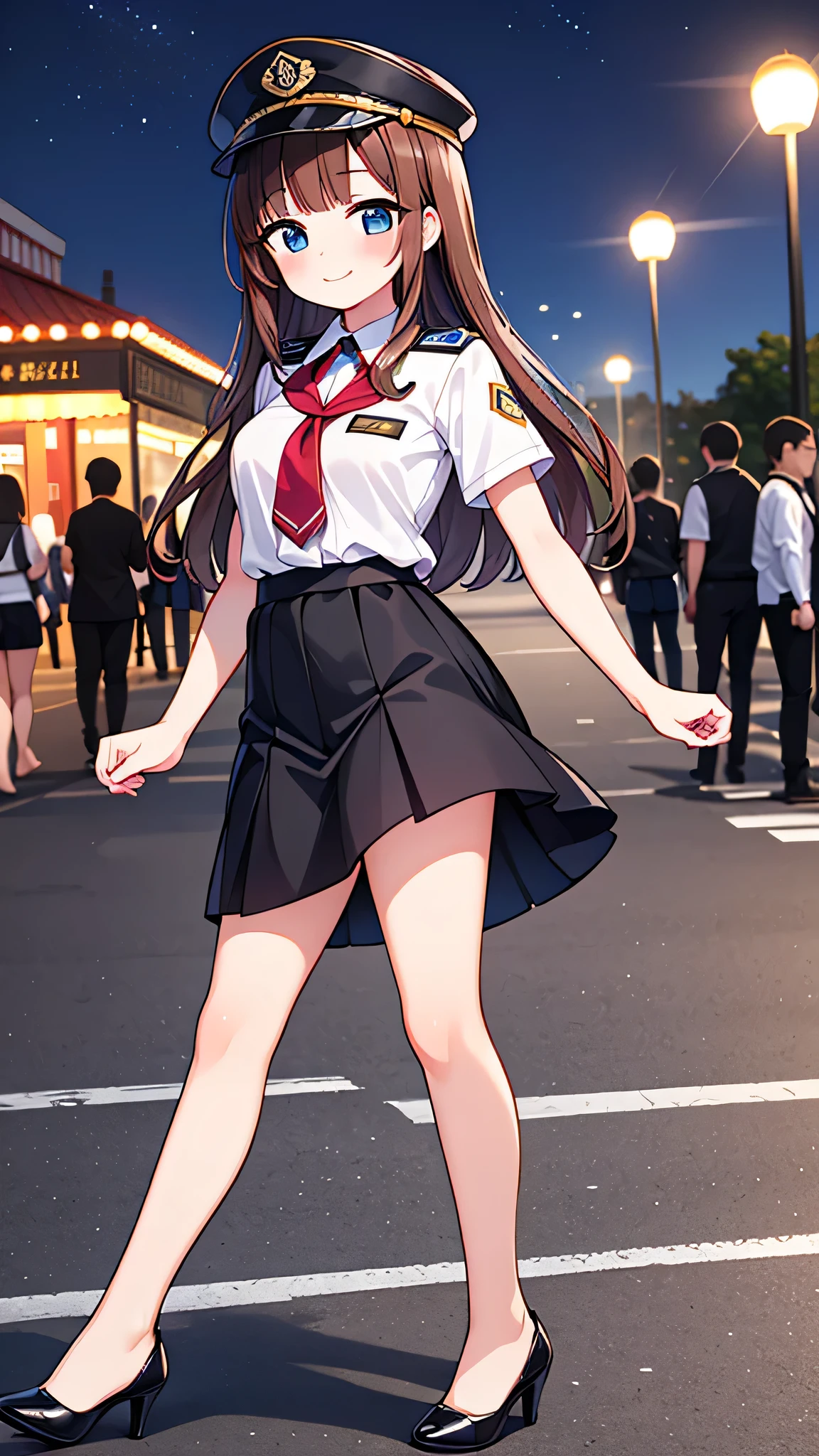{highest quality], [Super beautiful], [Ultra fine], [Best illustration], NSFW,Brown Hair, Hime cut, Long Hair, With bangs, girl, Uniform cap,Security uniform, smile, blush, Slender women,Short sleeve,Long straight skirt, Adult women,walk,(Public）Night Park, diagonal,Bare feet and pumps, Plain black pumps
