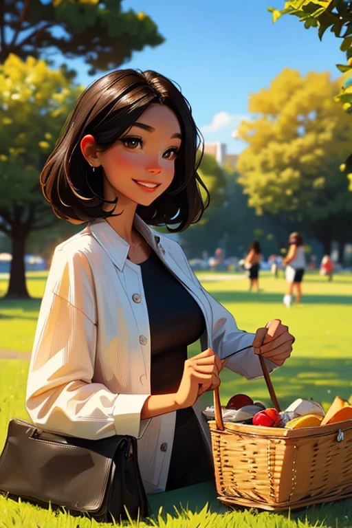 a stunning black haired woman with brown eyes with an hourglass figure is setting up a picnic in a park with a big smile