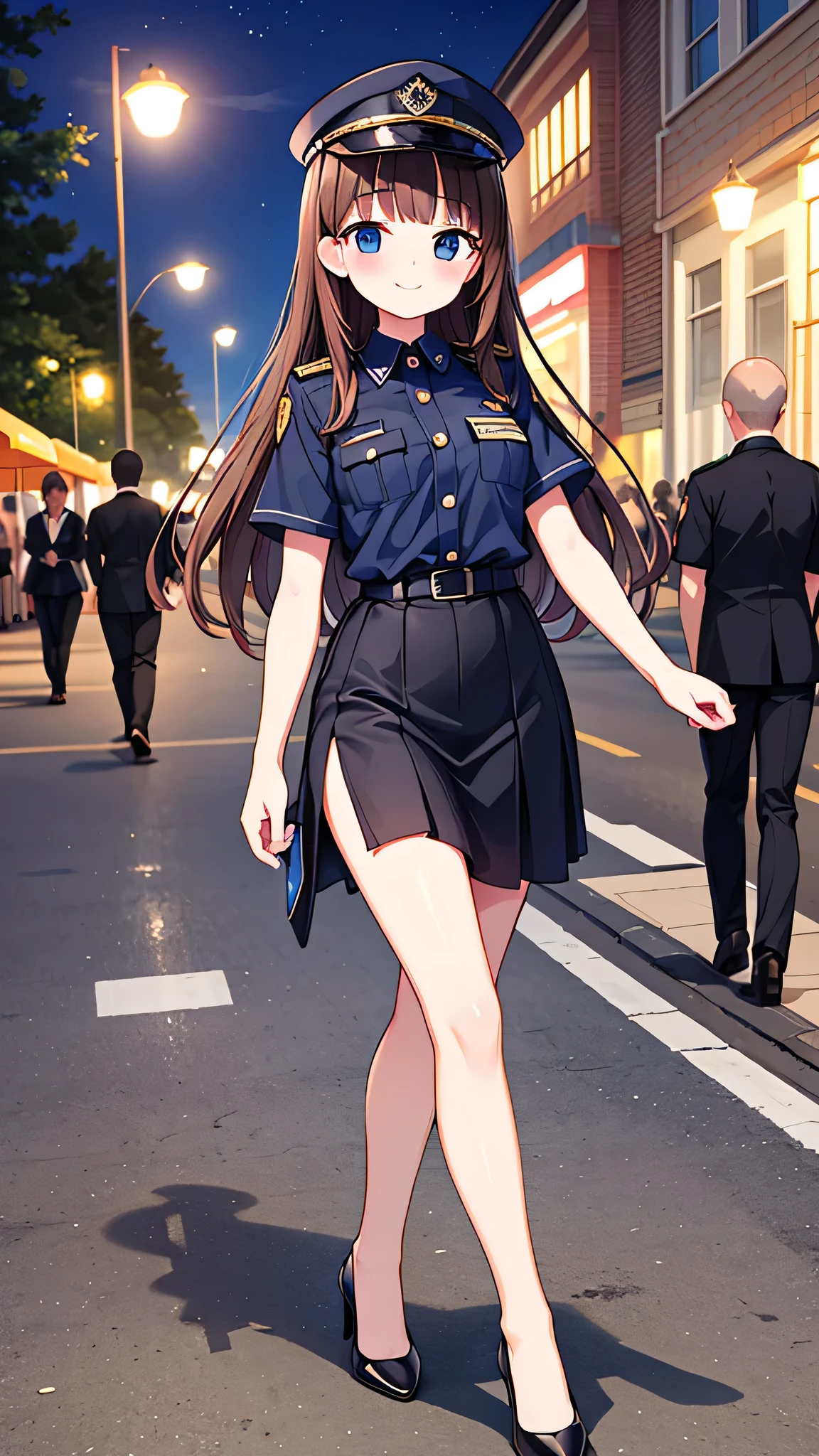 {highest quality], [Super beautiful], [Ultra fine], [Best illustration], NSFW,Brown Hair, Hime cut, Long Hair, With bangs, girl, Uniform cap,Security uniform, smile, blush, Slender women,Short sleeve,Long straight skirt, Adult women,walk,(Public）Night Park, diagonal,Bare feet and pumps, Plain black pumps
