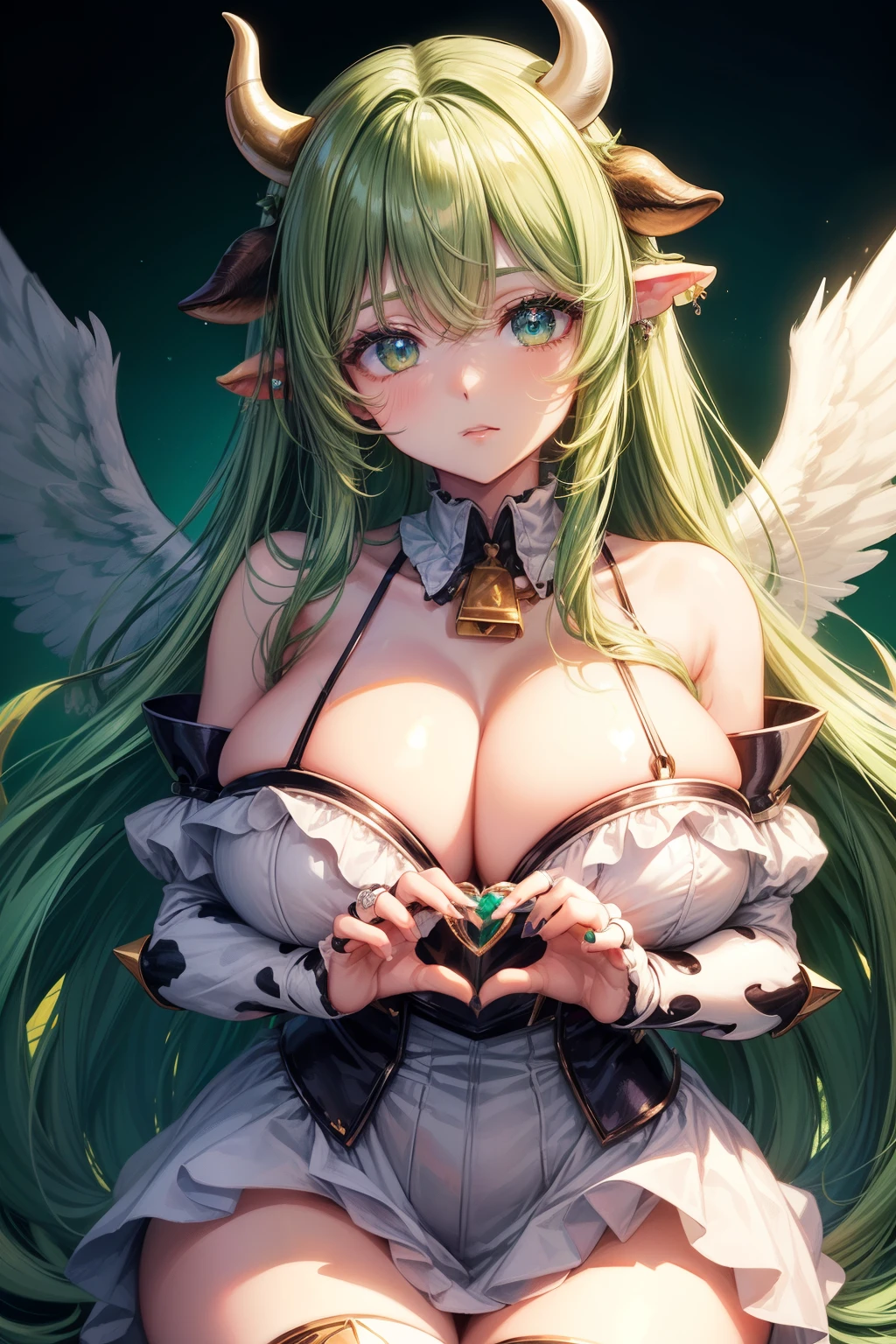 ((worst quality, low quality)), (Cow-eared girl with horns), (big breasts), (long green hair), hair over one eye, plump glossy lips, beautiful clear eyes, android angel with mechanical arms and legs, and an angel ring that emits neon light, spoken heart, cute pose, ((Perfect Hands:1.2)), looking back, masterpiece, best quality, ultra detailed, Super detailed,