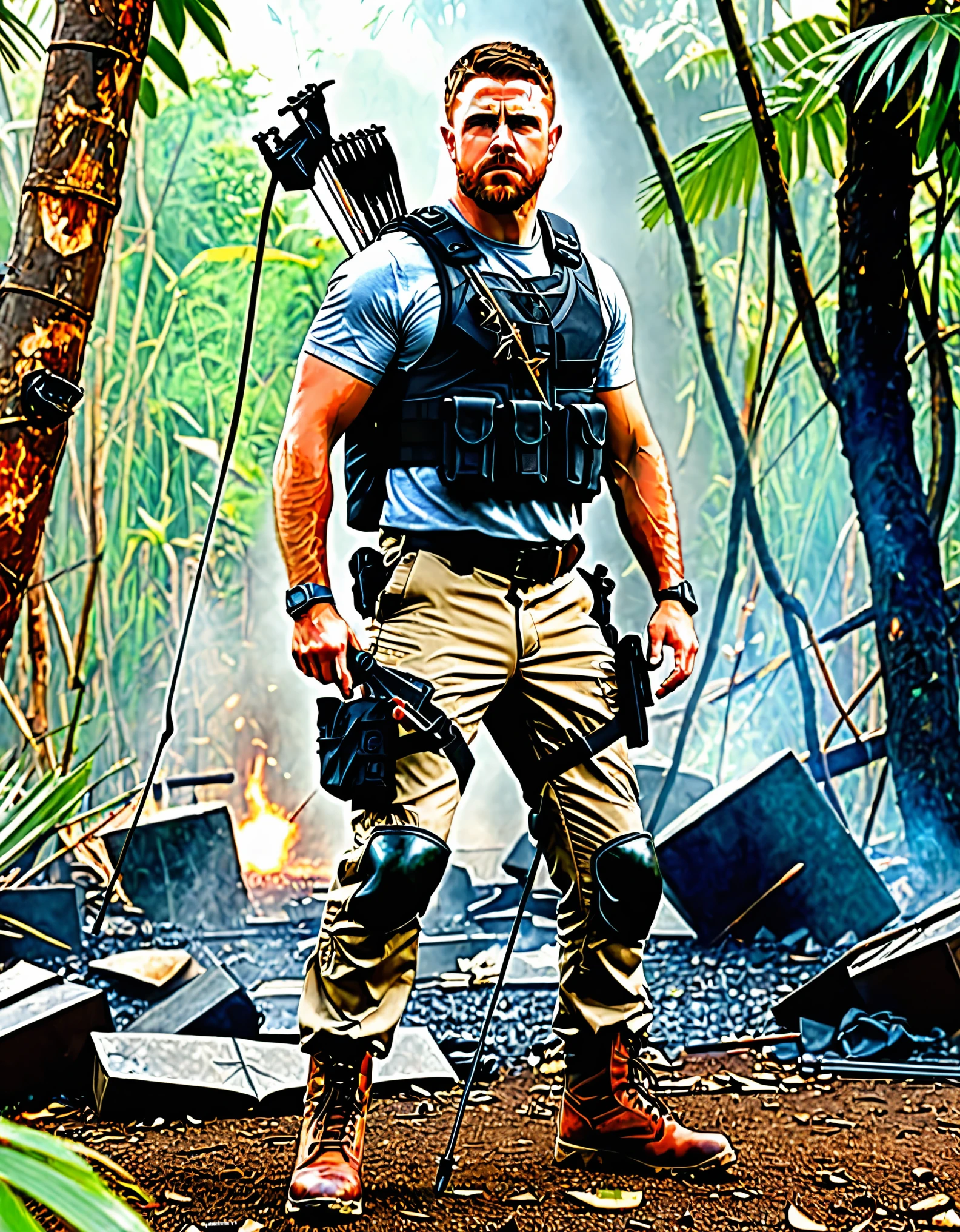 masterpiece, best quality, hires, 1man, boots, canadian male, full body, standing, weapon, (holding weapon, compound bow \(weapon\), arrow \(projectile\), holding arrow, drawing bow, archery), knee pads, male focus, military, military uniform, pouch, reddish-brown hair, facial hair, solo, standing, assault vest, drop-down pistol holster, jungle background, battle, tanks, explosions, gritty war-torn atmosphere, black ops, (stephen amell:0.5)