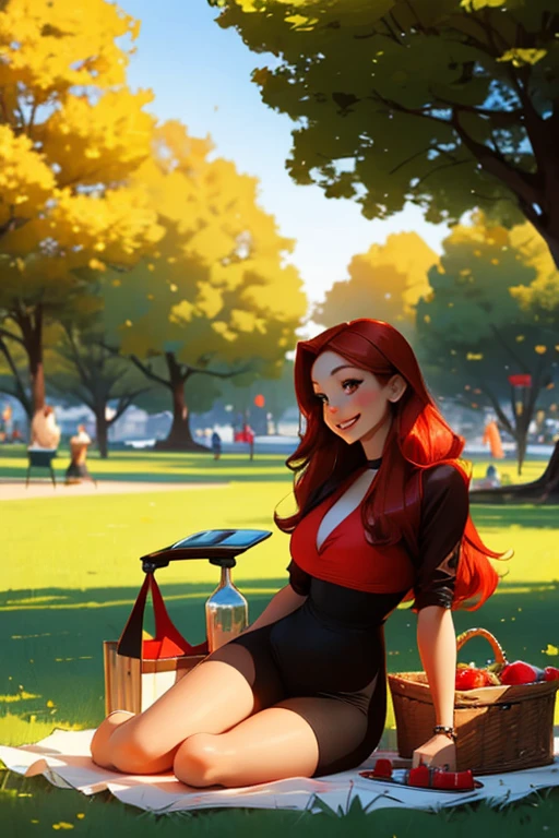 a stunning red haired woman with red eyes with an hourglass figure is picnicking in a park with a big smile