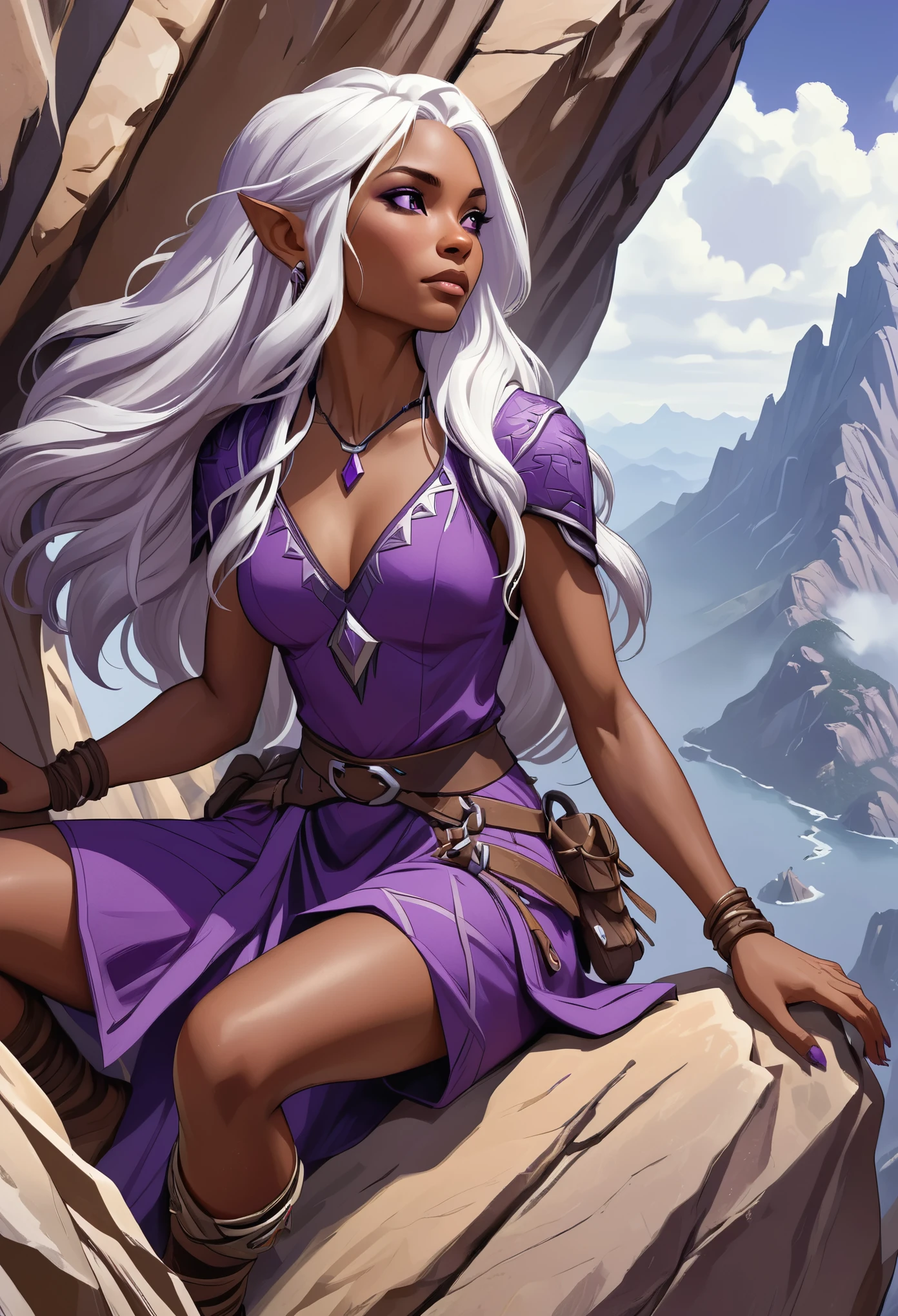 Close-up shot of a woman in a purple dress climbing a mountain,rock climbing，Brown skin，Skin details，White long hair，Palms resting on rocks，strength，solo，Pathfinder，Drow,，CG，Large game scenes