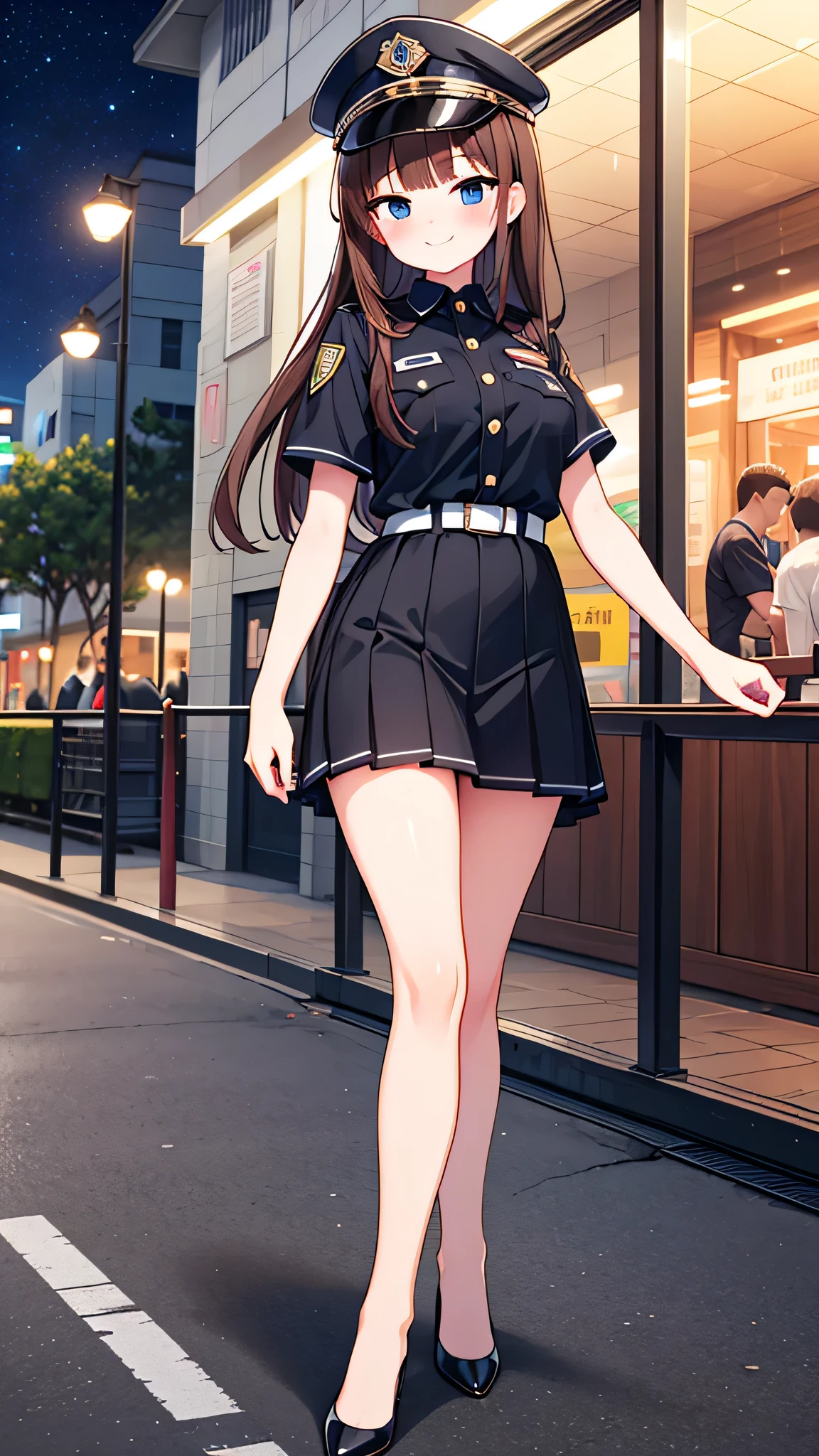 {highest quality], [Super beautiful], [Ultra fine], [Best illustration], NSFW,Brown Hair, Hime cut, Long Hair, With bangs, girl, Uniform cap,Security uniform, smile, blush, Slender women,Short sleeve,Long straight skirt, Adult women,walk,(Public）Night Park, diagonal,Bare feet and pumps, Plain black pumps
