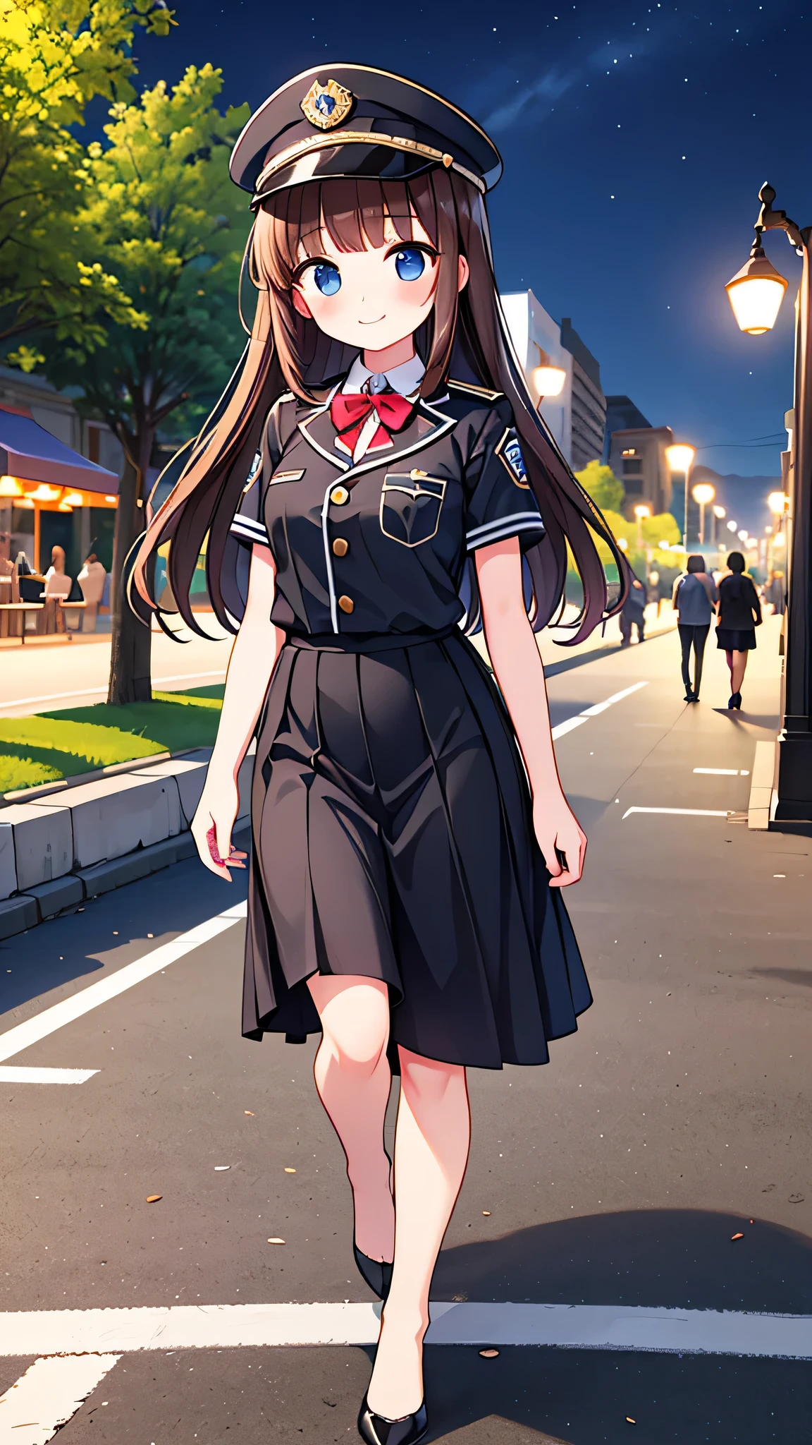 {highest quality], [Super beautiful], [Ultra fine], [Best illustration], NSFW,Brown Hair, Hime cut, Long Hair, With bangs, girl, Uniform cap,Security uniform, smile, blush, Slender women,Short sleeve,Long straight skirt, Adult women,walk,(Public）Night Park, diagonal,Bare feet and pumps, Plain black pumps
