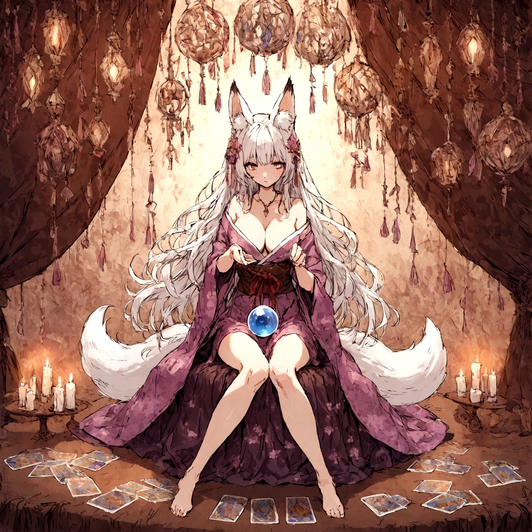 a sexy milf, has very long white hair, breasts, showing cleavage, has fox ears, wearing sakura kimono, in a gypsy tent, reading a crystal ball and surrounded by tarot cards, surrounded by candles, mystical, showing legs, sitting on cloth laden stool, has a table in front of her, has a fox tail, purple ornate hanging drapery, holding a shining crystal ball, surrounded by tarot cards