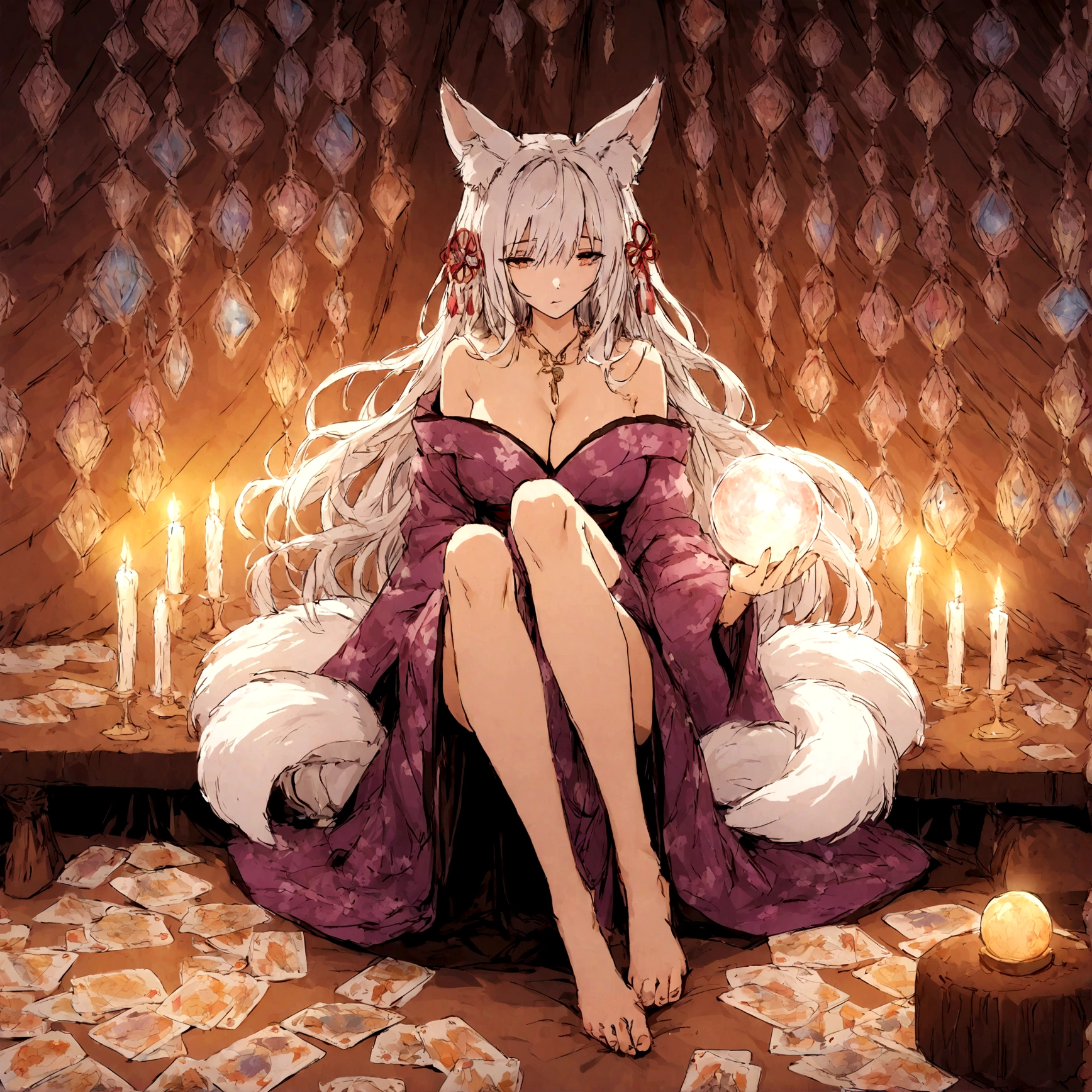 a sexy milf, has very long white hair, breasts, showing cleavage, has fox ears, wearing sakura kimono, in a gypsy tent, reading a crystal ball and surrounded by tarot cards, surrounded by candles, mystical, showing legs, sitting on cloth laden stool, has a table in front of her, has a fox tail, purple ornate hanging drapery, holding a shining crystal ball, surrounded by tarot cards