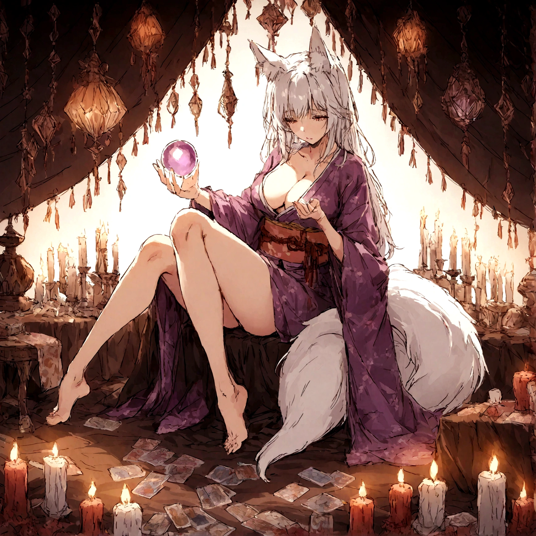 a sexy milf, has very long white hair, breasts, showing cleavage, has fox ears, wearing sakura kimono, in a gypsy tent, reading a crystal ball and surrounded by tarot cards, surrounded by candles, mystical, showing legs, sitting on cloth laden stool, has a table in front of her, has a fox tail, purple ornate hanging drapery, holding a shining crystal ball, surrounded by tarot cards
