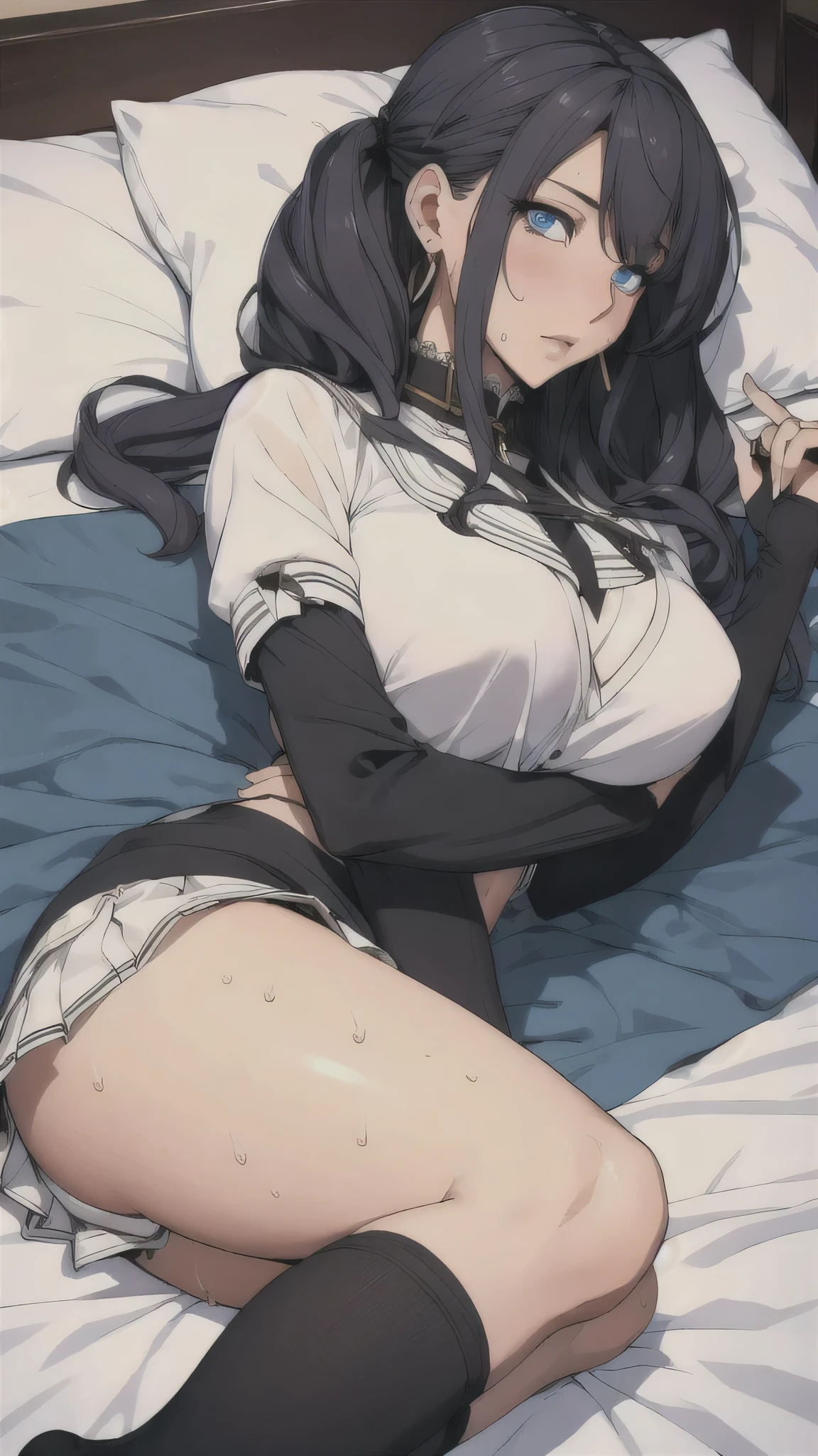 ((Correct Anatomy))、(Pleated mini skirt)、((Black knee high sock))、((Sweat))、 Cosplay、(((Sexy pose))),((Sleep on your back on a luxurious bed)),Ultra-high resolution, Mature Woman, Mature Woman, Very detailed, ((Beautiful legs)), Perfect hands, Detailed fingers, Beautiful fine details, (((School Uniform Costume)))、(Flashy lace string panties), ((Long Hair)),((Twin tails)),Black choker, Earrings,(Black knee high sock), (Big Breasts),Perfect Eyes, Seductive eyes, 