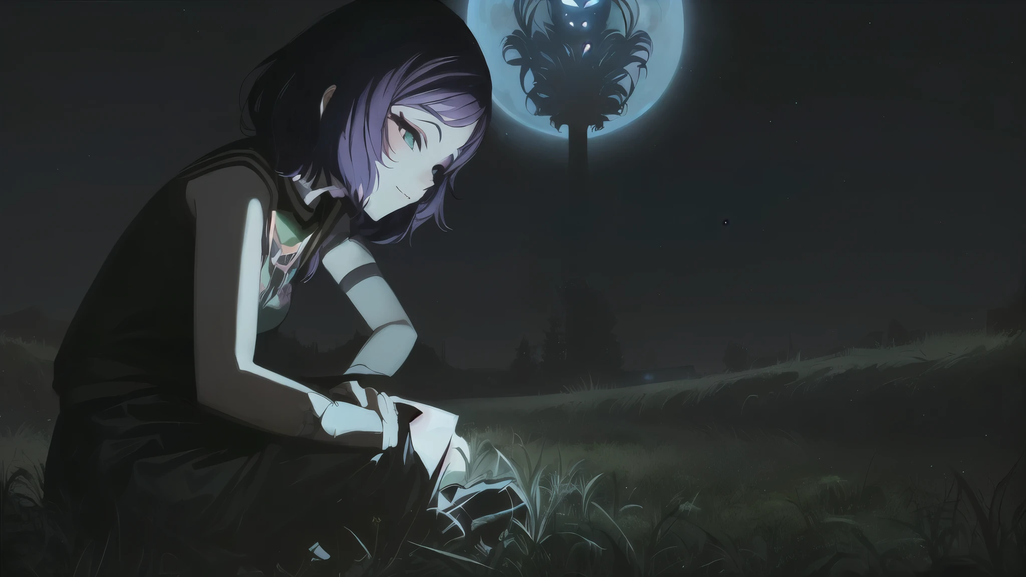 Anime girl sitting on the grass,The background is a full moon, Animated horror stills, cartoon still, Telltale Game Style, cartoon, Indie video game horror, Weird nostalgic concept art, cyril rolando and m. wakaluta, Video Game Cutscenes, cyril rolando and m.wakaluta, girl under lantern