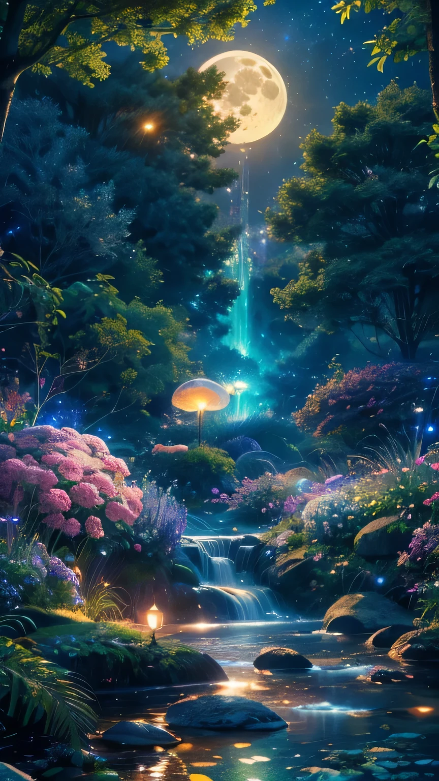 (best quality,4k,8k,highres,masterpiece:1.2),ultra-detailed,(realistic,photorealistic,photo-realistic:1.37),colorful, vibrant, illuminated scene, moonlit garden,  translucent jellyfishes floating gracefully, rainbow-colored tentacles, iridescent glow, peaceful atmosphere, lush green foliage, blooming flowers, twinkling stars, gentle breeze, inviting sky, captivating moon, dreamlike setting, whimsical elements, magical ambiance, otherworldly feel, delightful energy, enchanting colors, surreal scenery.