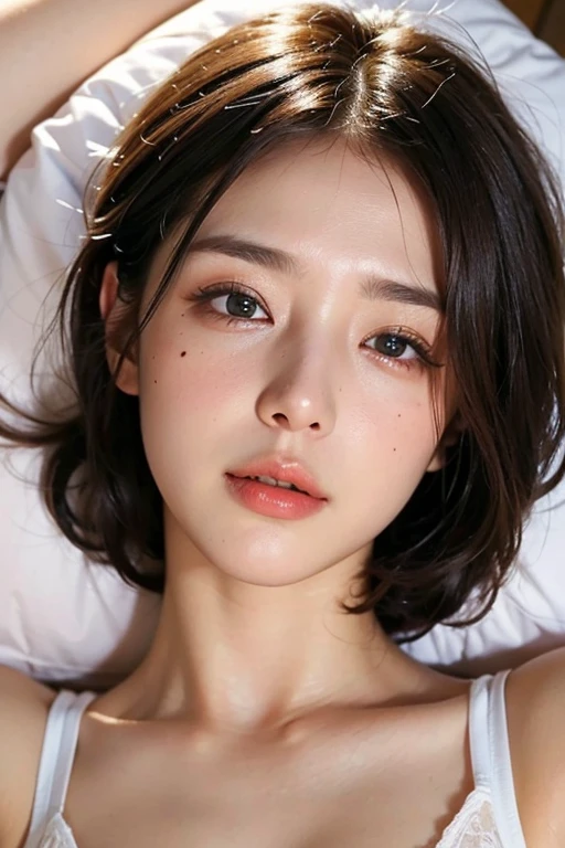 ((8k, highest quality, masterpiece、Realistic、Ultra-high resolution))、((Japanese women))、((Black Short Hair))、(Small breasts)、(((Eye corners are((one))mole)))、((Face is golden ratio))、Beautiful Face、Beautiful Eyes、Delicate face、Focus on the face、glossy、Beautiful face、bed、Beautiful lips、((Close your eyes))、Are sleeping