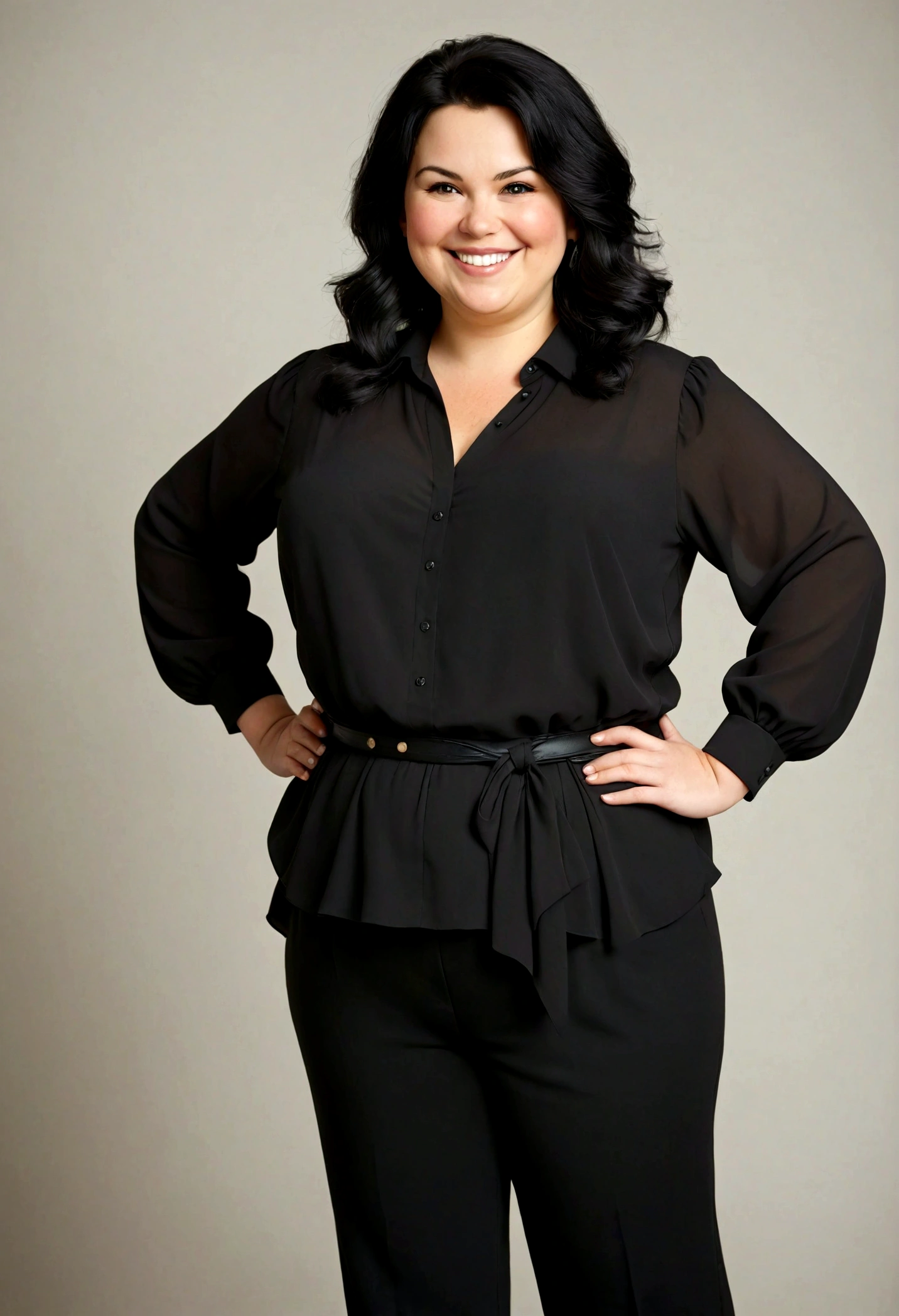 Caucasian woman, black hair, a little fat, standing, wearing a black blouse and pants, with her hand on her waist and smiling