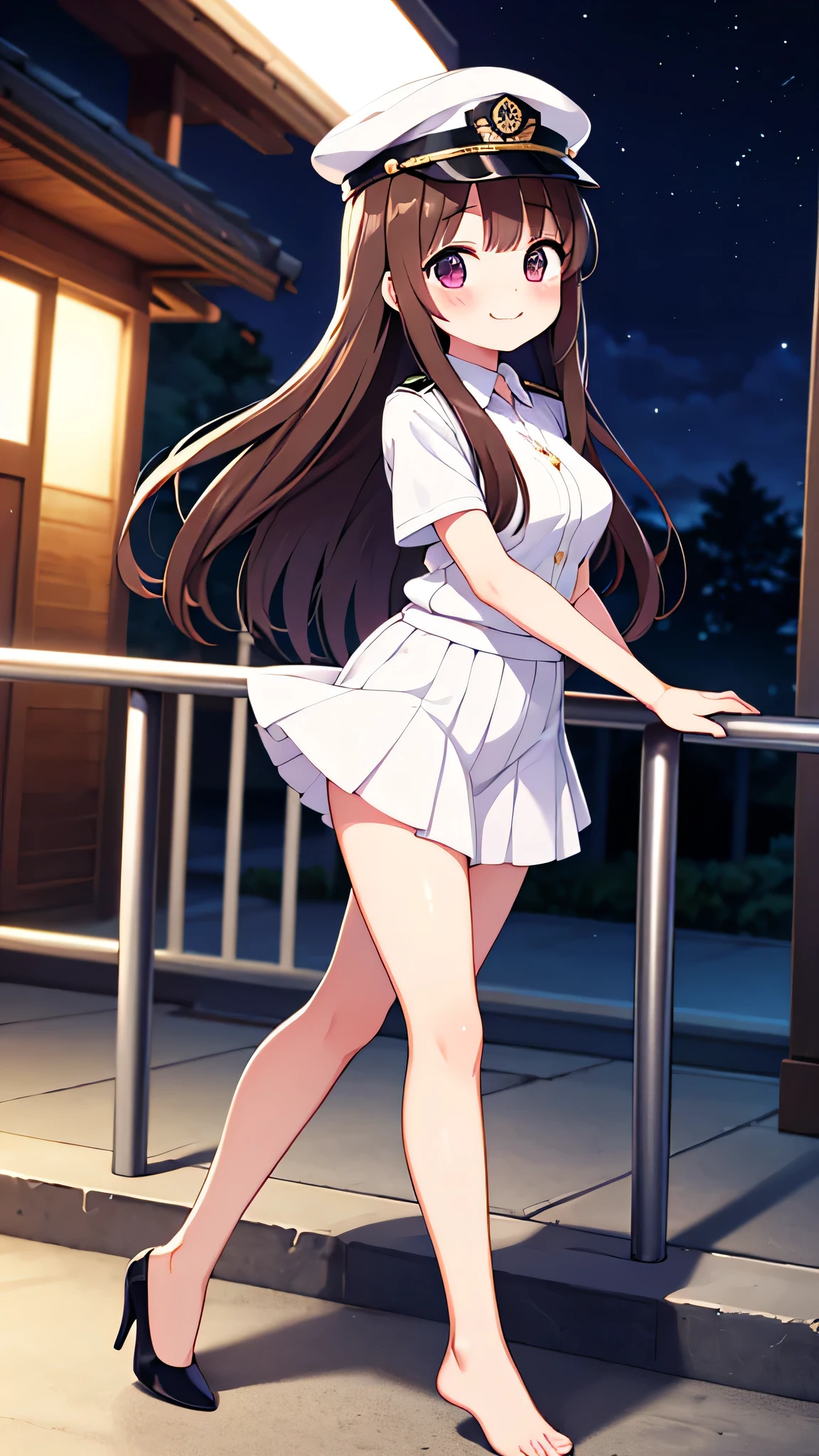 {highest quality], [Super beautiful], [Ultra fine], [Best illustration], NSFW,Brown Hair, Hime cut, Long Hair, With bangs, girl, Uniform cap,Security uniform, smile, blush, Slender women,Short sleeve,Long straight skirt, Adult women,walk,(Public）Night Park, diagonal,Bare feet and pumps, Plain black pumps
