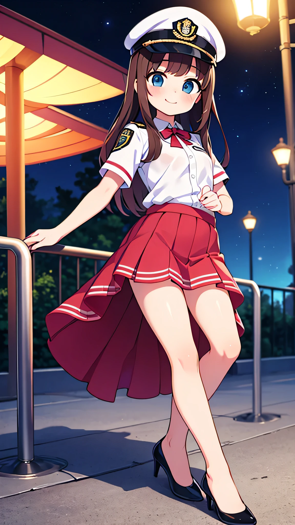 {highest quality], [Super beautiful], [Ultra fine], [Best illustration], NSFW,Brown Hair, Hime cut, Long Hair, With bangs, girl, Uniform cap,Security uniform, smile, blush, Slender women,Short sleeve,Long straight skirt, Adult women,walk,(Public）Night Park, diagonal,Bare feet and pumps, Plain black pumps
