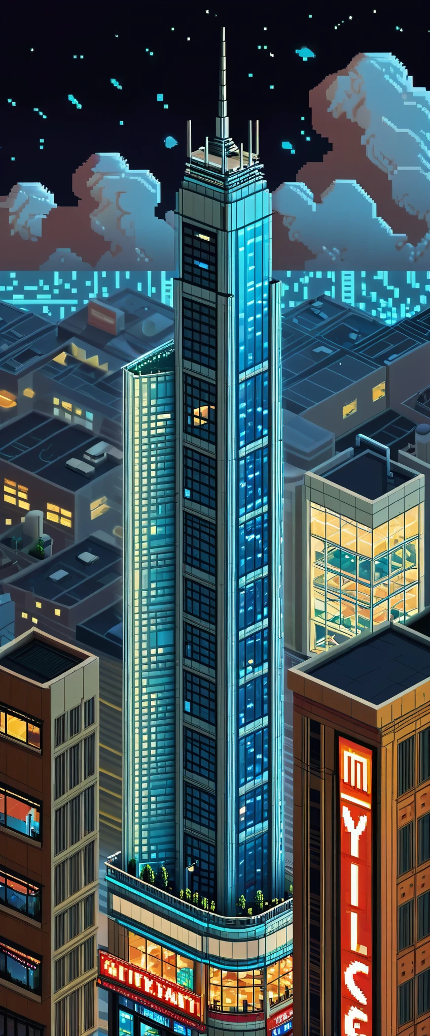 A Stunning Masterpiece in the Classic Pixel Art Graphic Style: A 3D View of a Majestic Skyscraper Reaching to the Stratosphere Embedded in a Lively City Scene at Night The focus of the scene is on the lower part of the towering skyscraper, meticulously detailed in pixel art, providing a clear and undistorted view of the intricate rooms and facilities within. As the city lights illuminate the building's exterior, the lively nightlife shines through the windows, offering a glimpse into fast food restaurants, offices, sky lobbies, retail stores, and hotel rooms, as well as elevators and larger lifts.