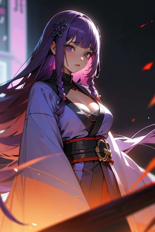 1 girl, Blunt bangs, Braiding, Wide sleeves, hair ornaments, kimono, Red belt, (Purple Hair:1.2), Very long hair, Straight hair, Looking at the audience, Highly detailed background, (Realistic:1.2), Fine Eyes, Red eyeshadow, Written boundary depth,thigh, (Ulzzang-6500:0.7), Upper Body, (alone:1.2), (Cyberpunk City:1.1), Cleavage, Shiny skin、Hair blowing in the wind、night、squirt、