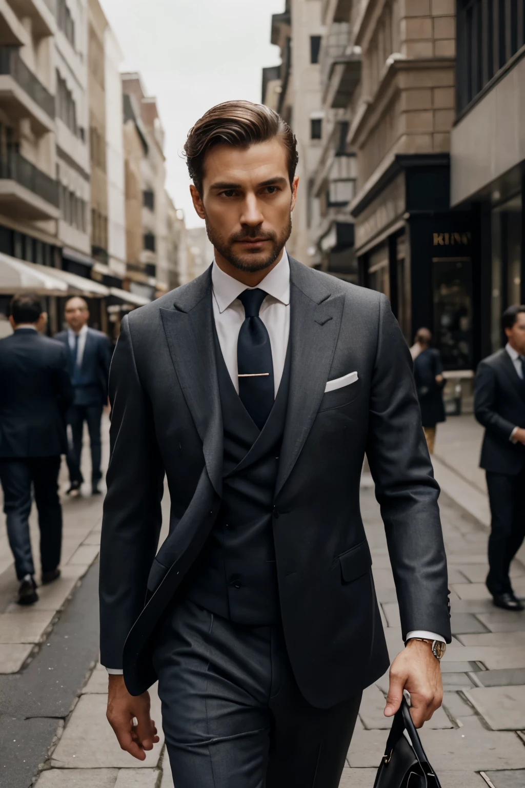 {{{masterpiece}, }}, {extremely detailed GG uniti 8k}, Generate a scene portraying a distinguished English gentleman stepping out of a bespoke tailor's shop, exuding sophistication and refinement. This elegant figure, in his late forties, epitomizes sartorial excellence, clad in a tailored suit that accentuates his stature and impeccable taste. The suit, crafted from the finest wool and expertly tailored to fit his frame, exudes understated luxury and timeless style.

With a neatly trimmed beard and hair styled with precision, he presents an image of effortless elegance as he steps onto the bustling city street. His choice of attire—a tailored suit in a classic charcoal hue, paired with a crisp white shirt and a silk tie in a subtle pattern—speaks volumes about his discerning eye for detail and commitment to sartorial excellence.

As he emerges from the tailor's shop, the soft light of early evening casts a warm glow over the scene, enhancing the sense of sophistication and refinement. The bustling city street serves as the perfect backdrop for his elegant demeanor, with passersby pausing to admire his impeccable sense of style.

The image quality is exceptional, capturing every nuance of the gentleman's attire and the vibrant energy of the city street with stunning clarity. From the fine craftsmanship of his suit to the subtle interplay of light and shadow, each element is rendered with lifelike precision, inviting the viewer to appreciate the timeless elegance of bespoke tailoring