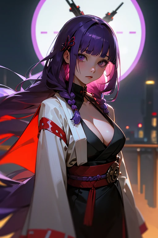 1 girl, Blunt bangs, Braiding, Wide sleeves, hair ornaments, kimono, Red belt, (Purple Hair:1.2), Very long hair, Straight hair, Looking at the audience, Highly detailed background, (Realistic:1.2), Fine Eyes, Red eyeshadow, Written boundary depth,thigh, (Ulzzang-6500:0.7), Upper Body, (alone:1.2), (Cyberpunk City:1.1), Cleavage, Shiny skin、Hair blowing in the wind、night、squirt、
