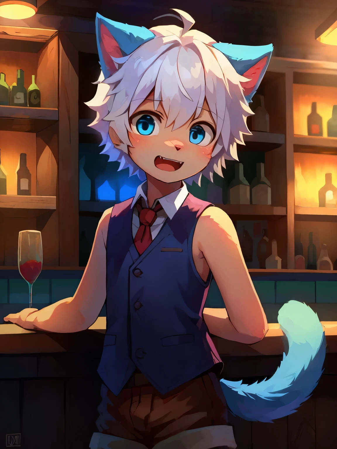 Highres, Masterpiece, Best quality at best,High-quality illustrations, Best Quality, Furry, Boy, Shota, Cat boy,Blue fur, Blue eyes, Single fluffy tail,White hair,Bar, Open mouth, Little fang, short detailed hair, Sleeveless vest, Upper body, uhd