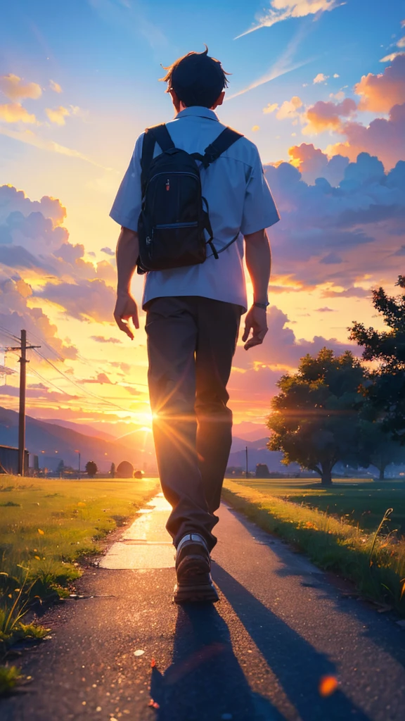 Man walking in heaven,Parent and ,View from behind,A shining sunset,sunset,Side view