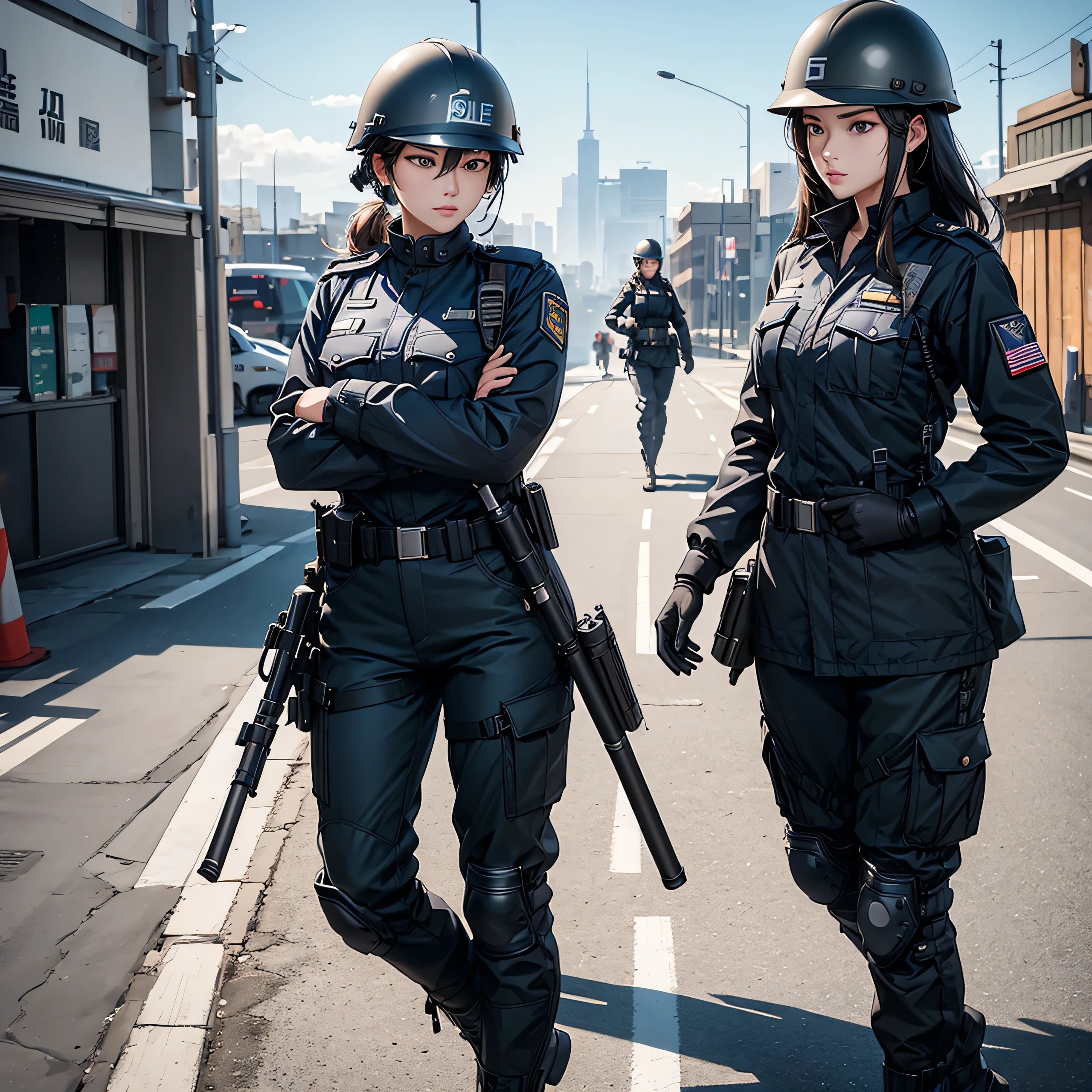 First-person perspective、Two policewomen in knee-length coats、Wear a steel helmet、Military Pants、Write details、masterpiece、best quality、Highly detailed CG、8K picture quality